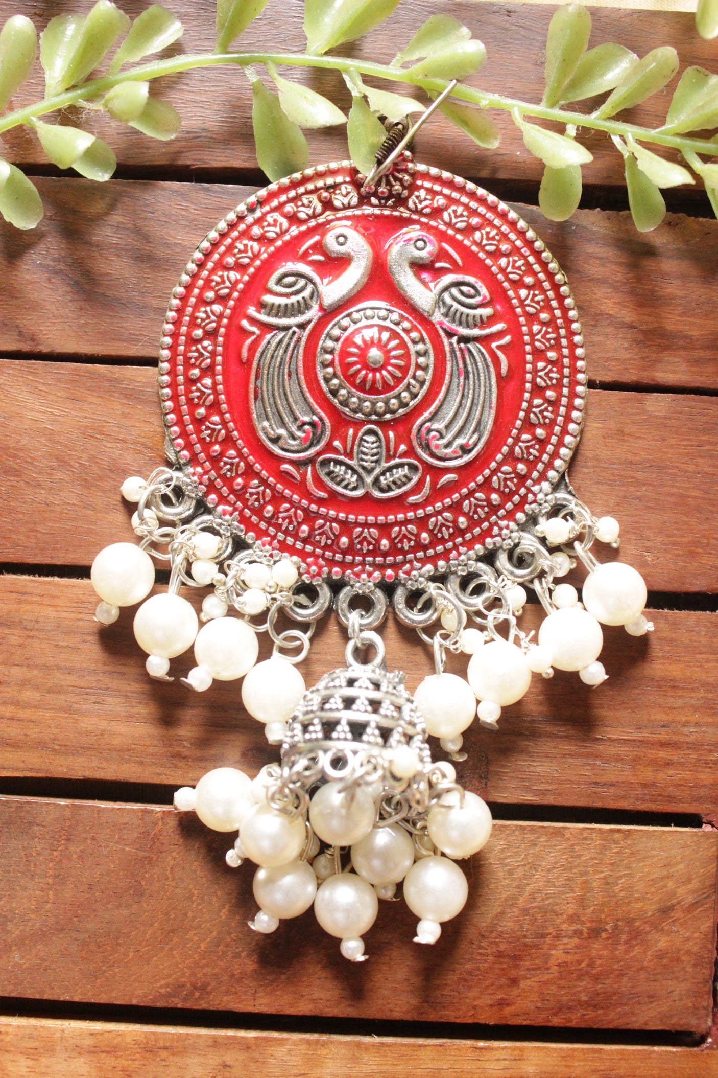 Red Enamel Painted Intricately Detailed Oxidised Finish Peacock Motif Jhumka Earrings