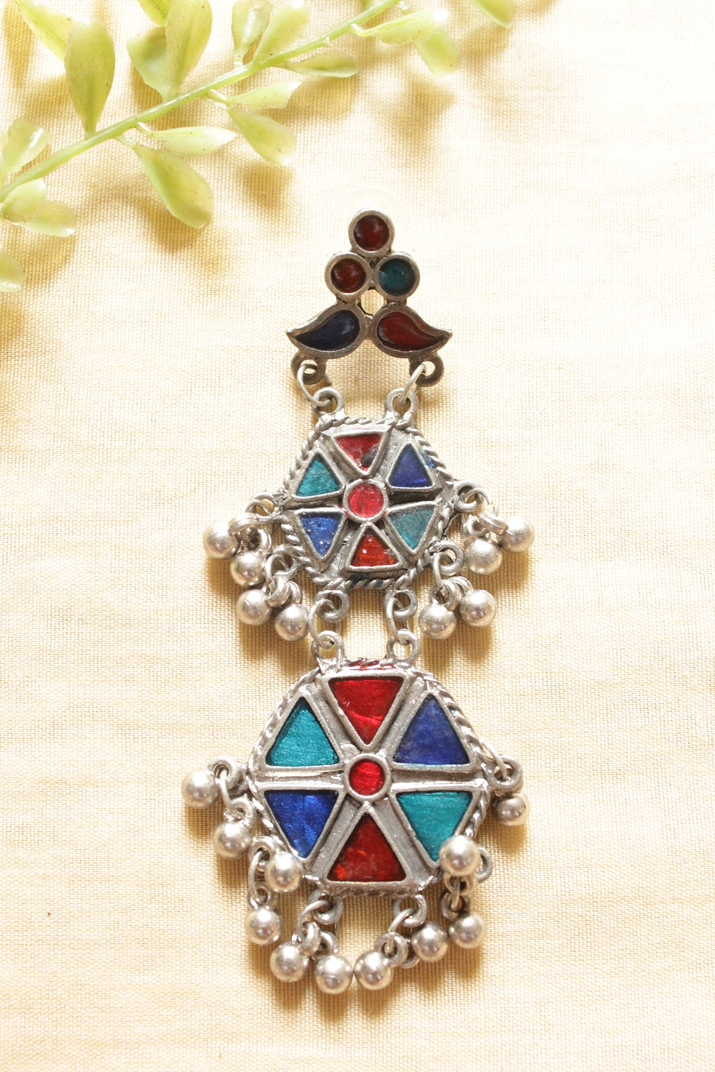 Red & Blue Hexagon Enamel Painted Afghani Earrings with Metal Bead Charms