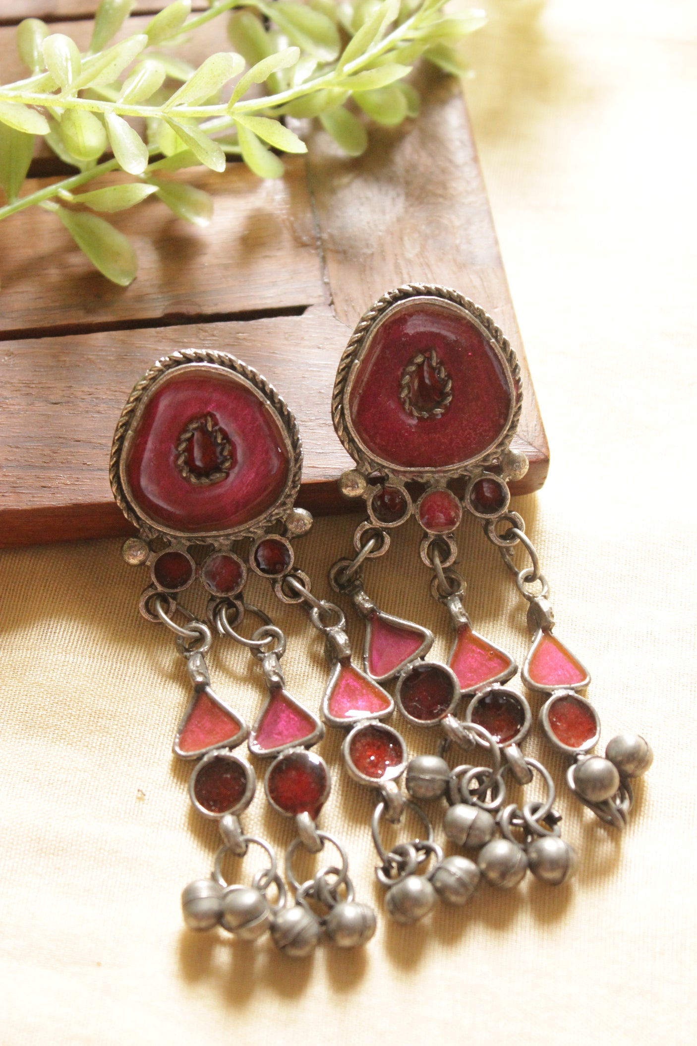 Pinkish Orange Enamel Painted Elaborate Afghani Choker Necklace Set with Adjustable Thread Closure