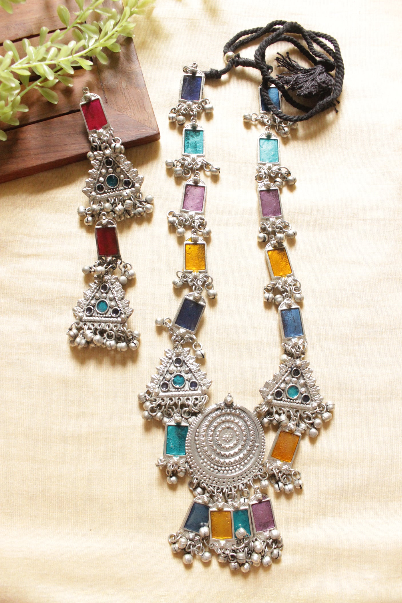 Multi-Color Enamel Painted Silver Finish Long Afghani Necklace Set