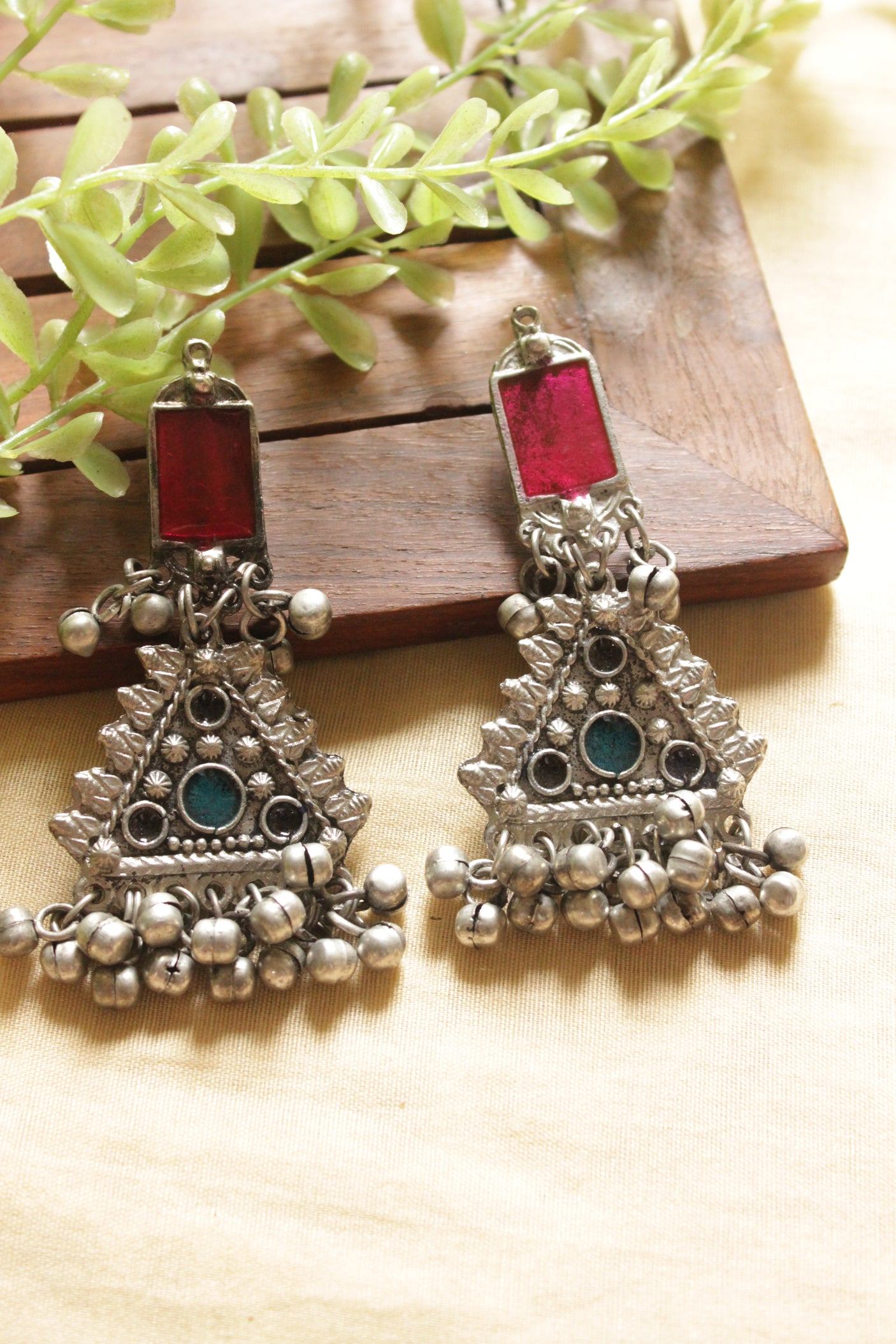 Multi-Color Enamel Painted Silver Finish Long Afghani Necklace Set