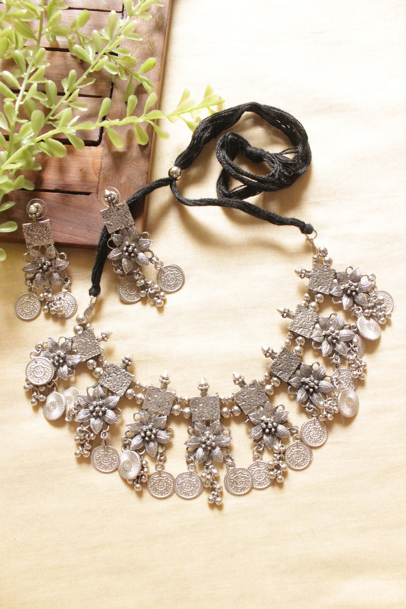 Flowers and Coins Silver Finish Elaborate Metal Choker Necklace Set with Adjustable Closure