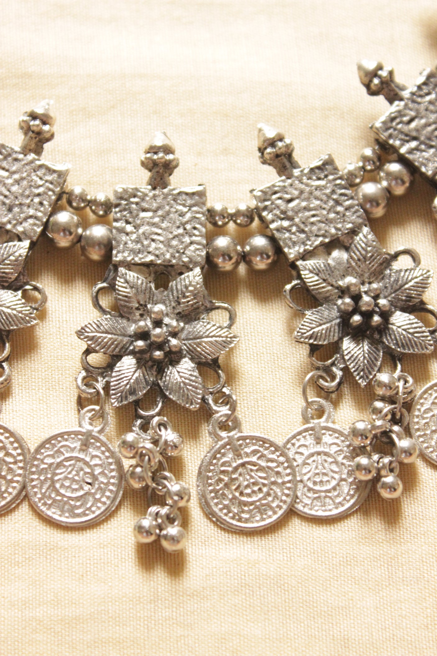 Flowers and Coins Silver Finish Elaborate Metal Choker Necklace Set with Adjustable Closure