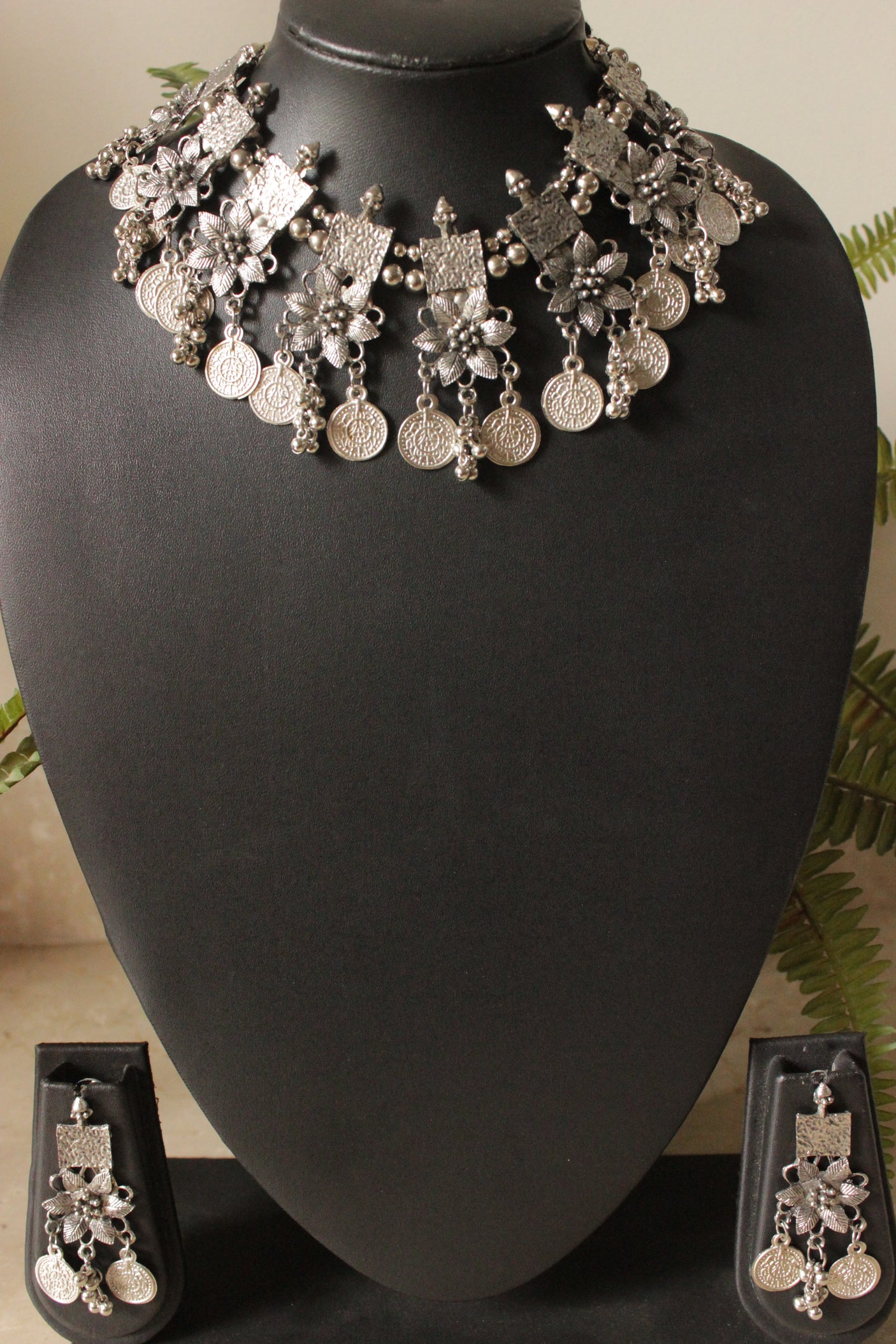 Flowers and Coins Silver Finish Elaborate Metal Choker Necklace Set with Adjustable Closure