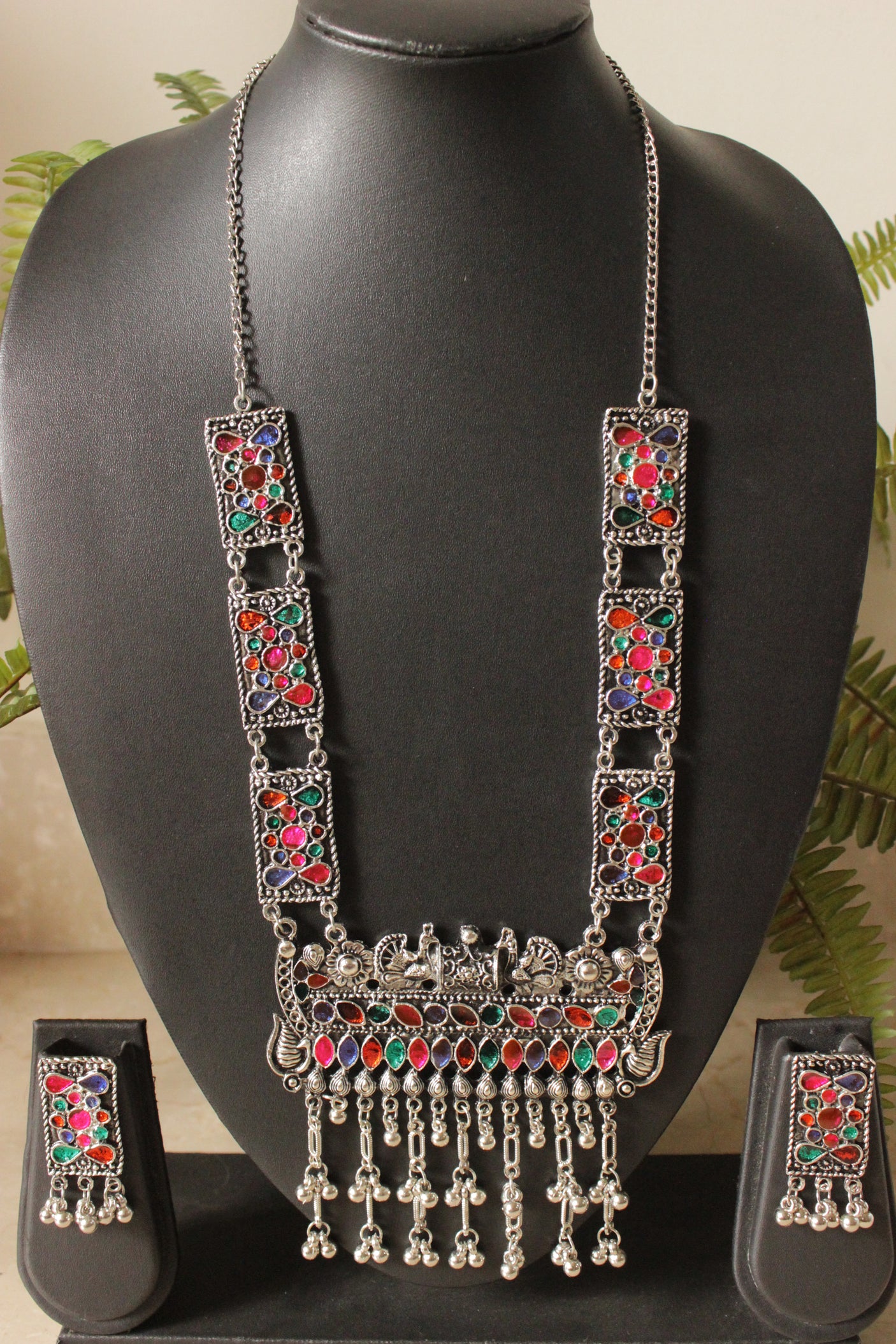 Multi-Color Glass Stones Embedded Oxidised Silver Finish Long Afghani Necklace Set
