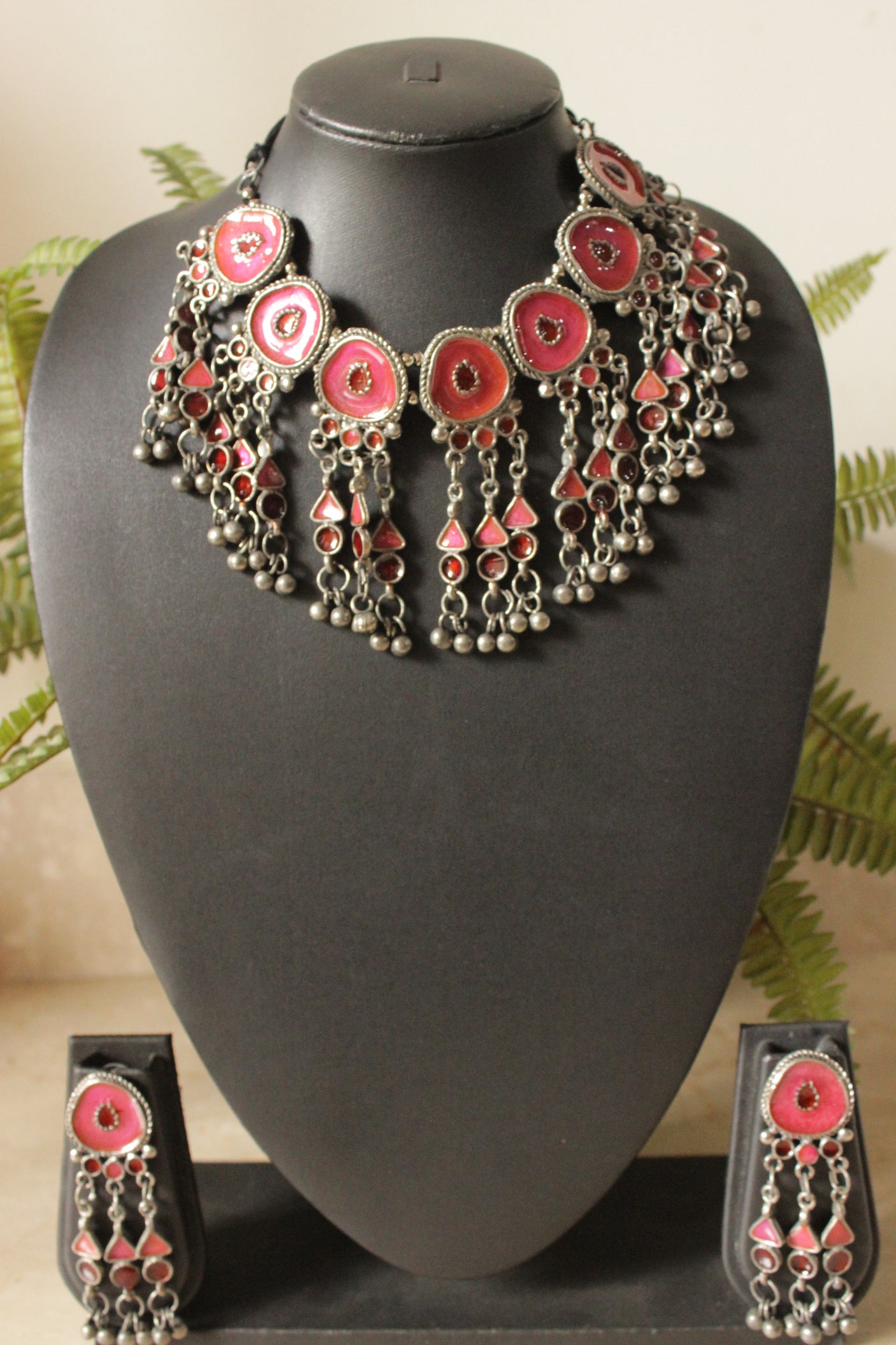 Pinkish Orange Enamel Painted Elaborate Afghani Choker Necklace Set with Adjustable Thread Closure