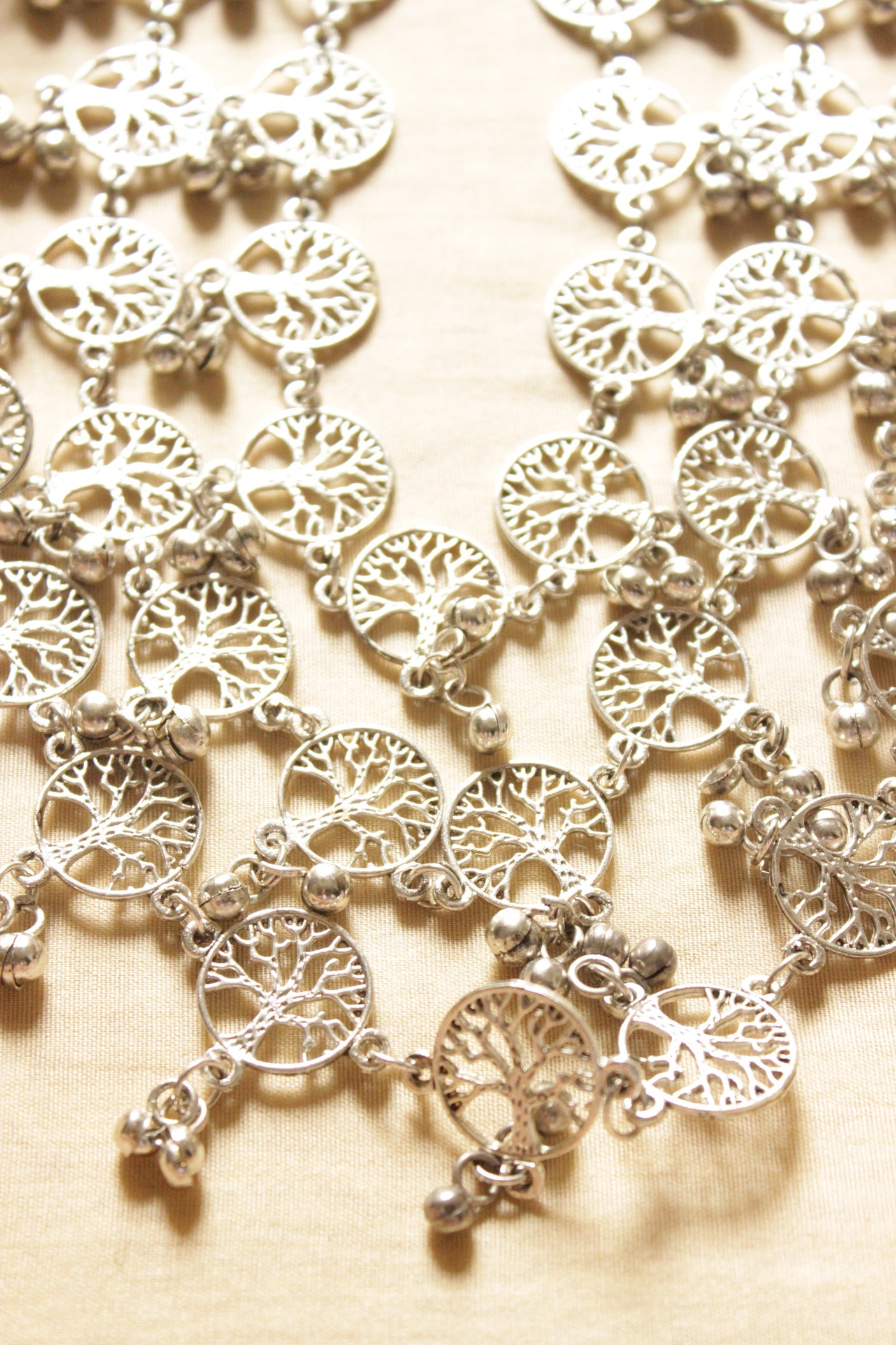 Three Layer Tree Motifs Silver Finish Adjustable Length Long Necklace Set