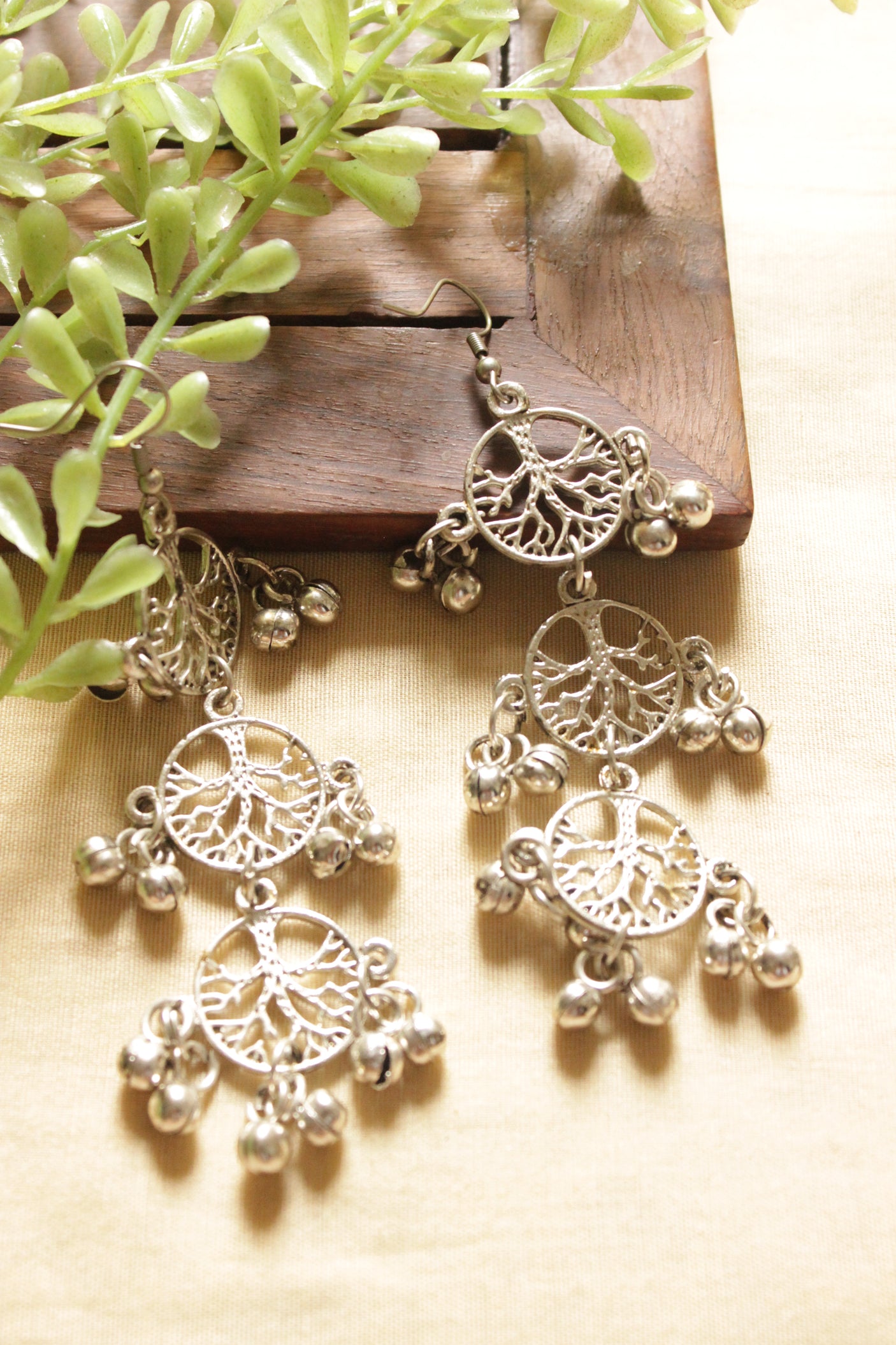 Three Layer Tree Motifs Silver Finish Adjustable Length Long Necklace Set