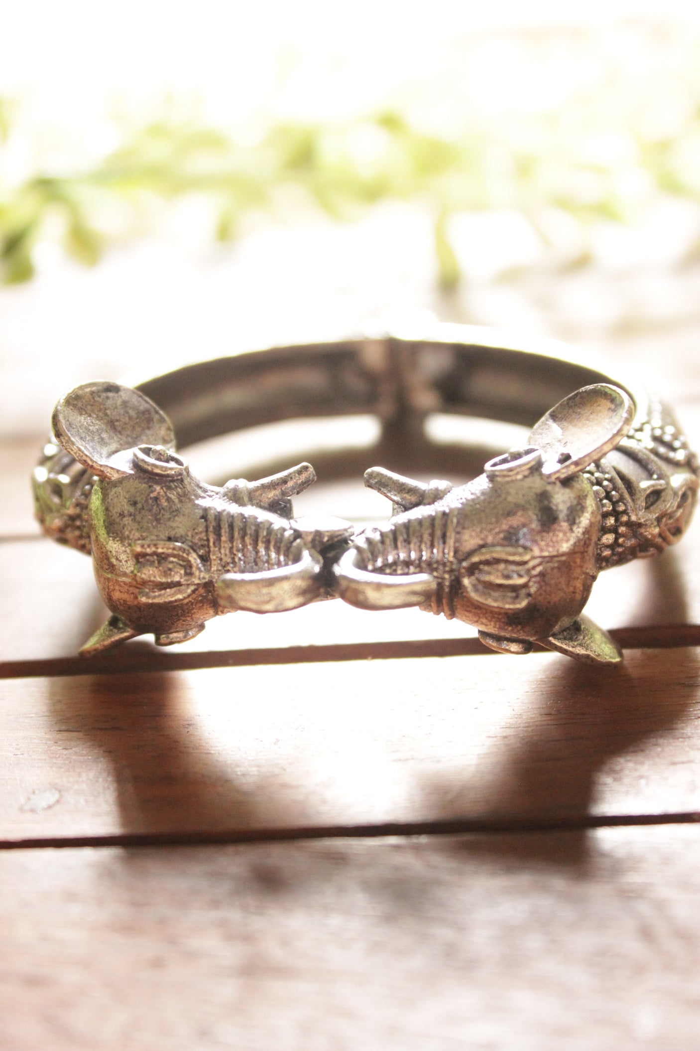 Elephant Motif Adjustable Length Oxidised Silver Finish Bracelet/Kada