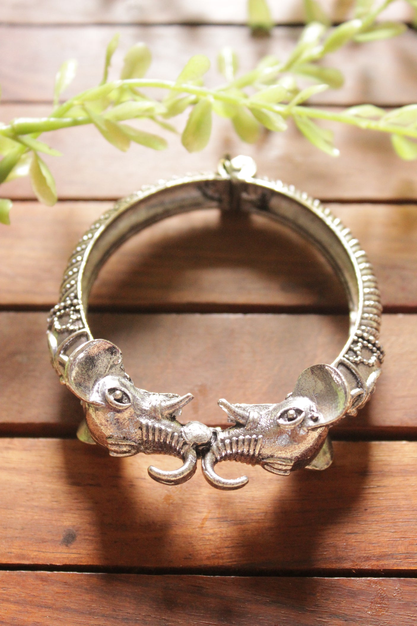 Elephant Motif Adjustable Length Oxidised Silver Finish Bracelet/Kada