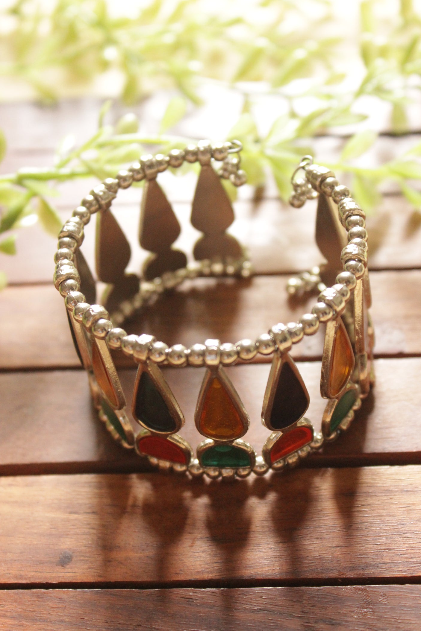 Multi-Color Glass Stones Embedded Silver Finish Adjustable Afghani Bracelet/Kada