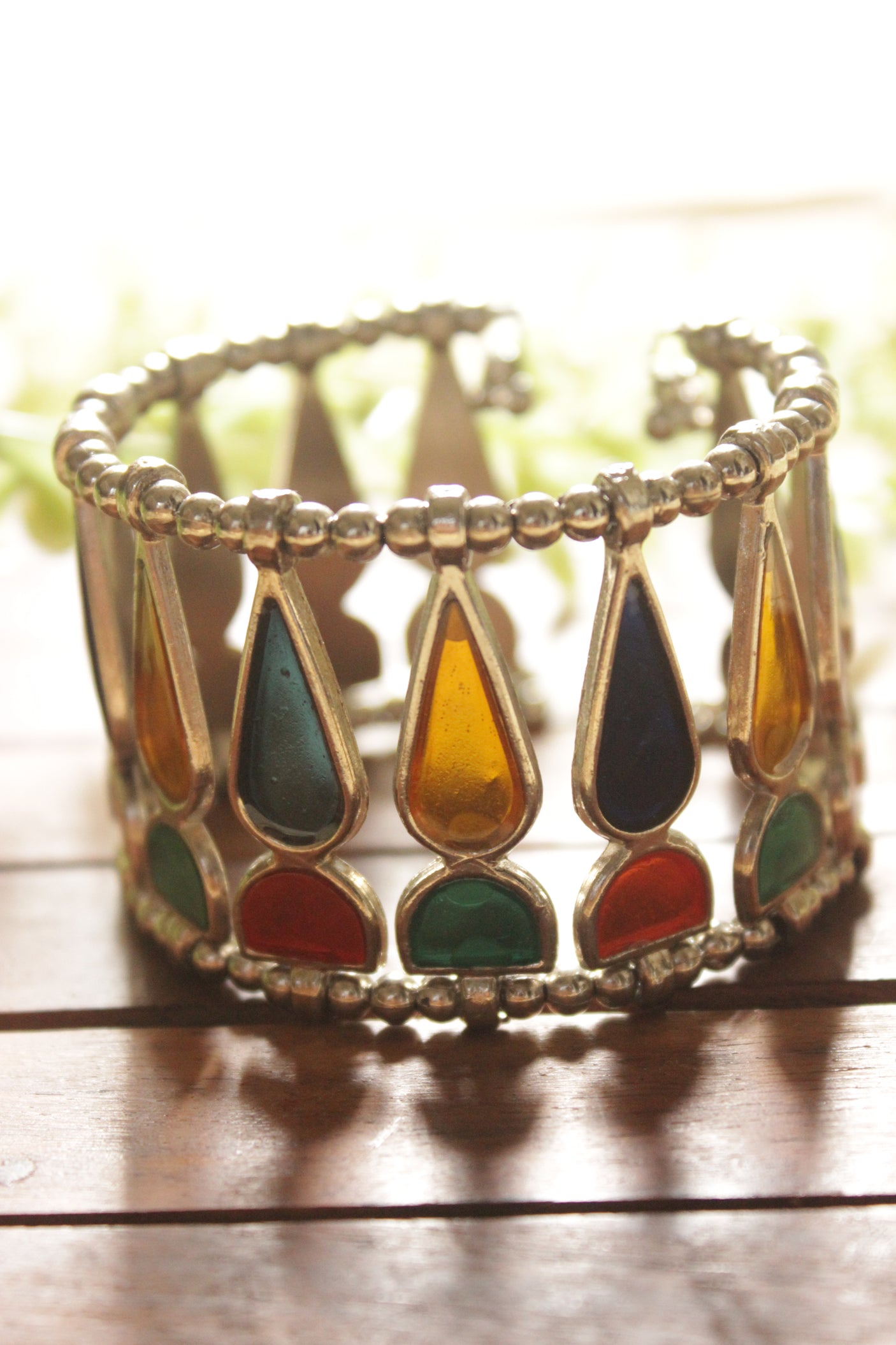 Multi-Color Glass Stones Embedded Silver Finish Adjustable Afghani Bracelet/Kada