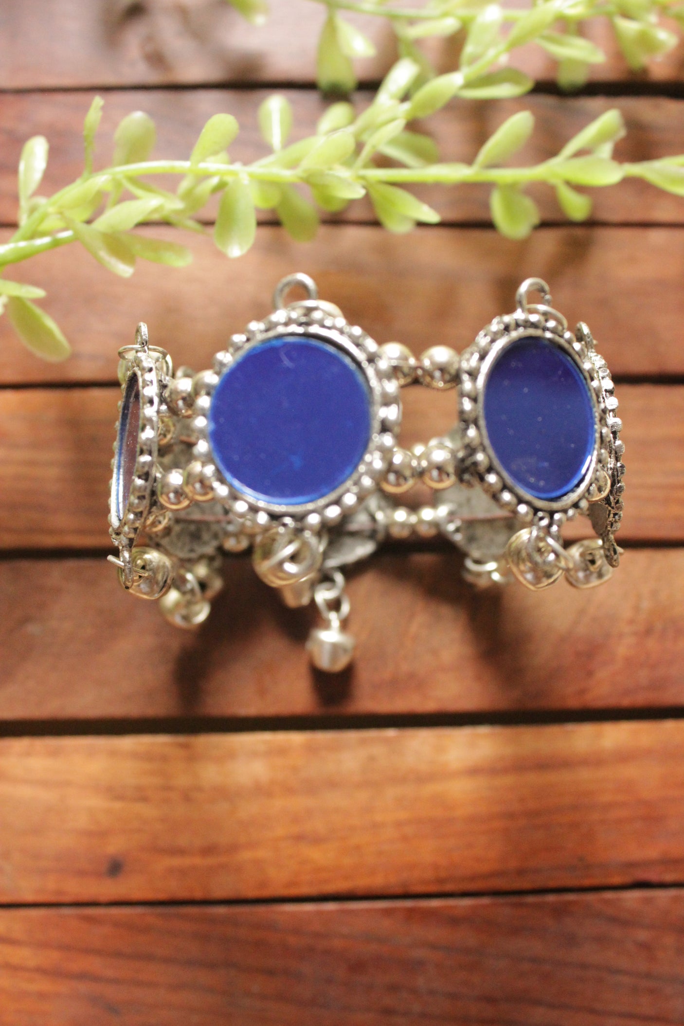 Blue Glass Stones Embedded Silver Finish Adjustable Afghani Bracelet/Kada