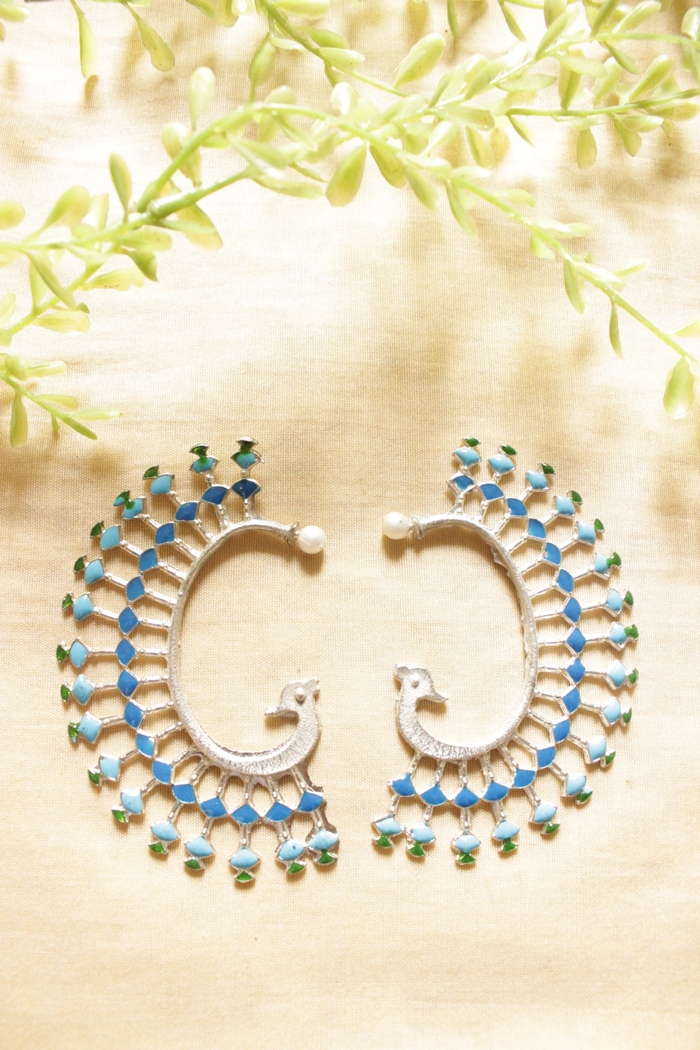 Peacock Pattern Shades of Blue Silver Earcuffs