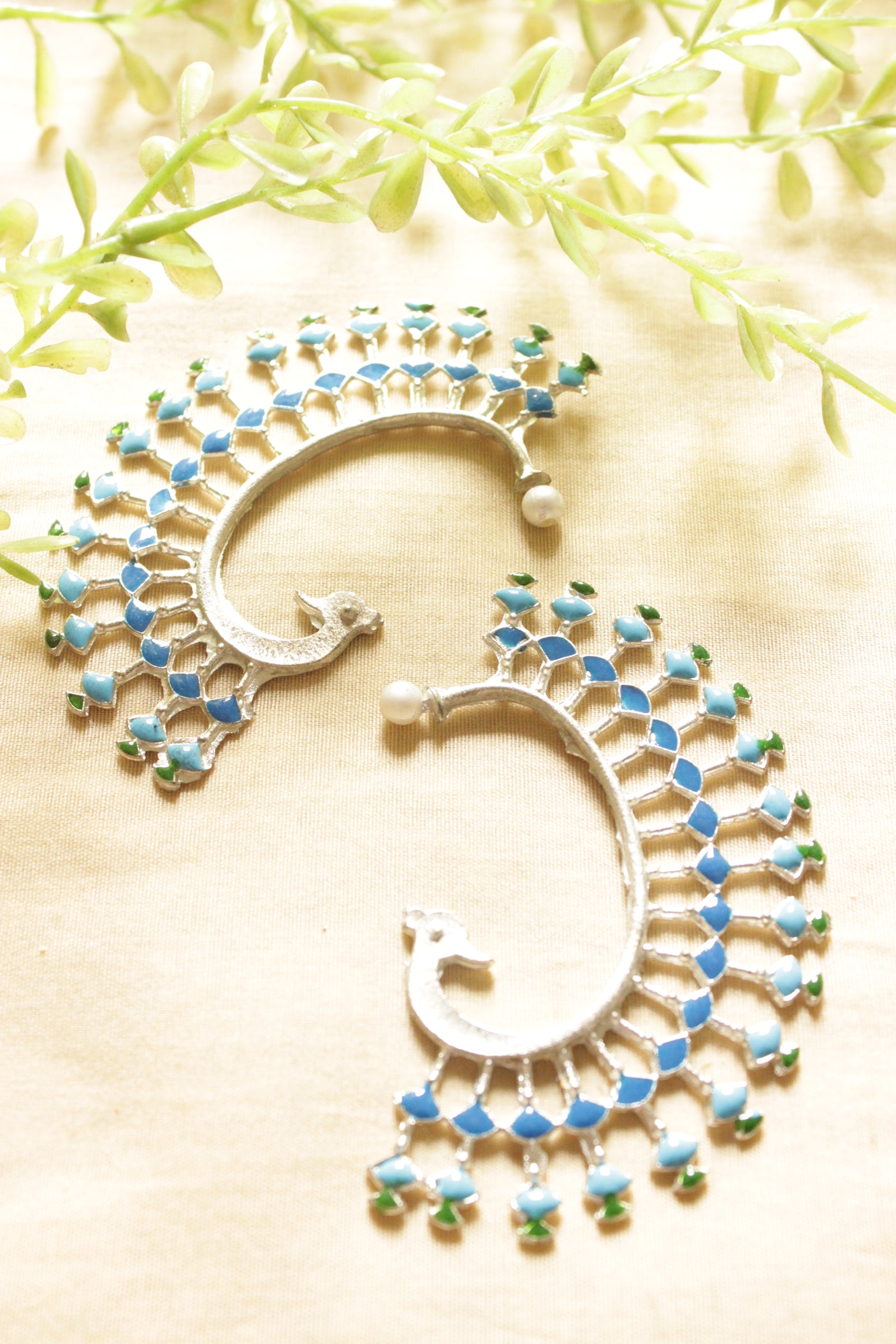Peacock Pattern Shades of Blue Silver Earcuffs