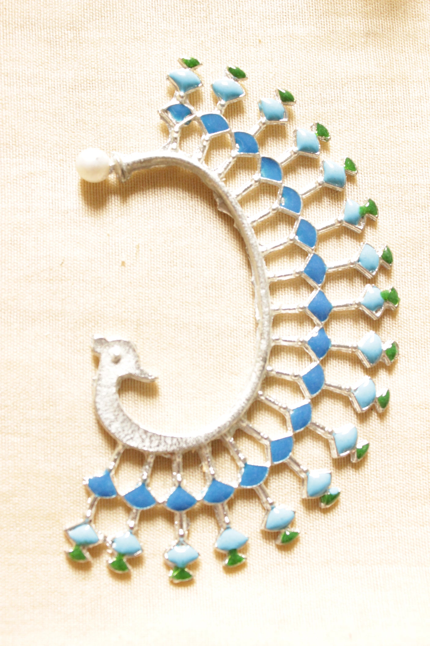 Peacock Pattern Shades of Blue Silver Earcuffs