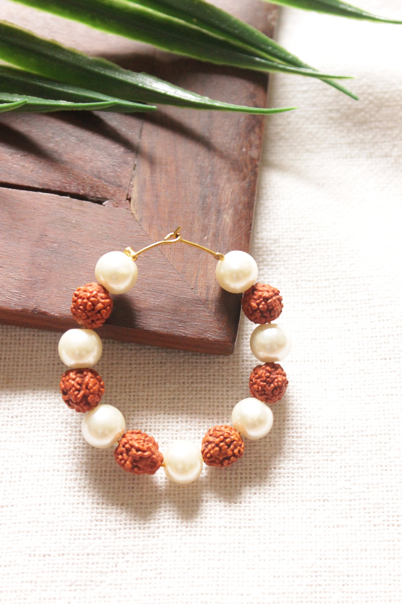 Rudraksha and Pearl Beads Hoop Earrings