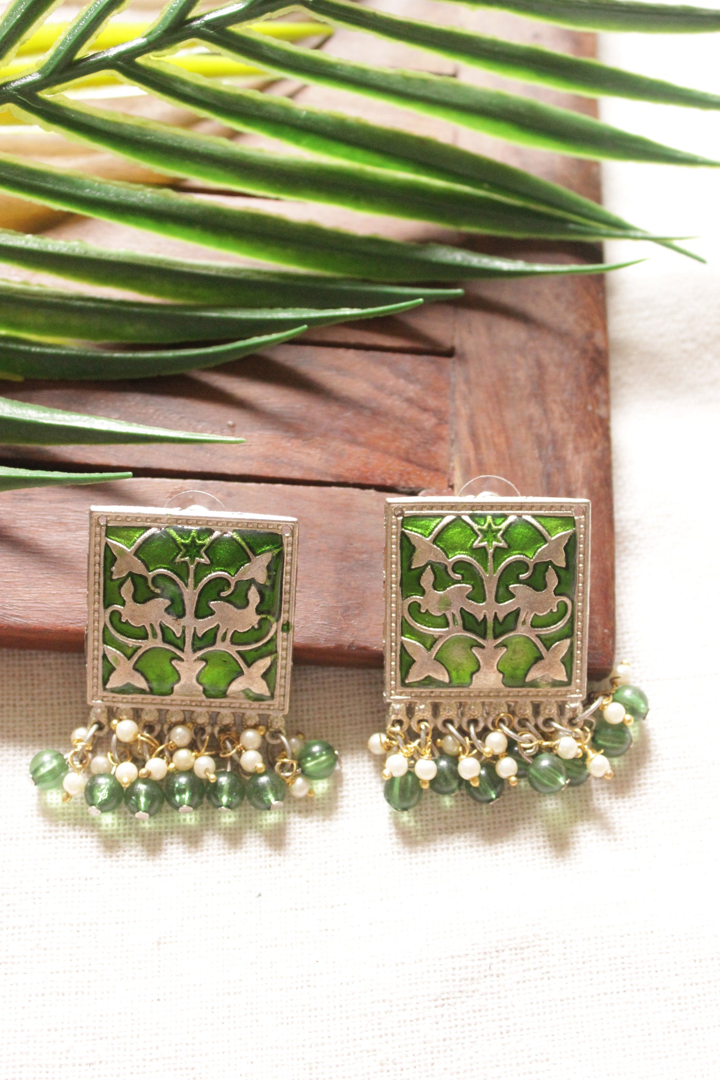 Flower Motifs Enamel Painted Square Shaped Bright Green Metal Stud Earrings