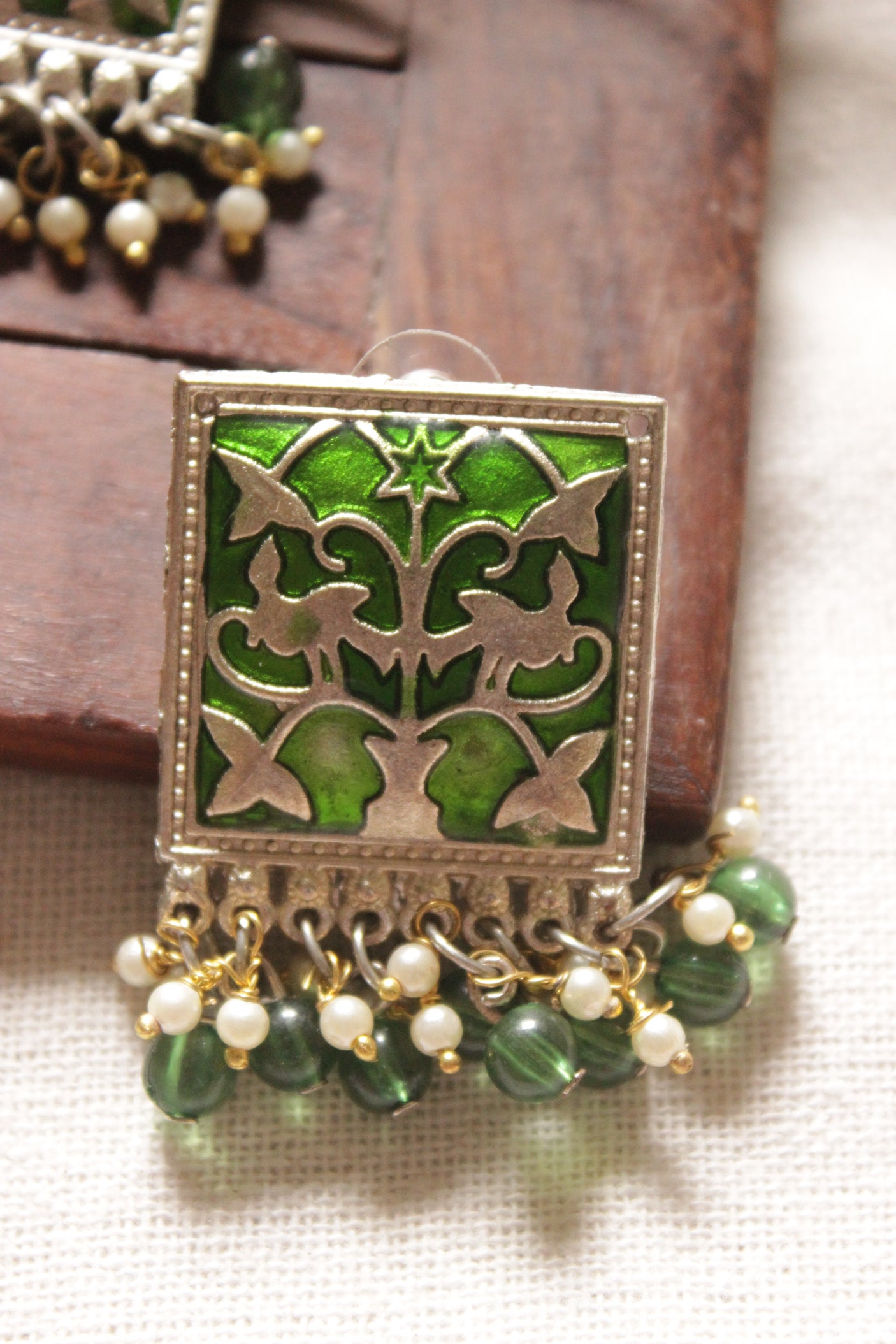 Flower Motifs Enamel Painted Square Shaped Bright Green Metal Stud Earrings