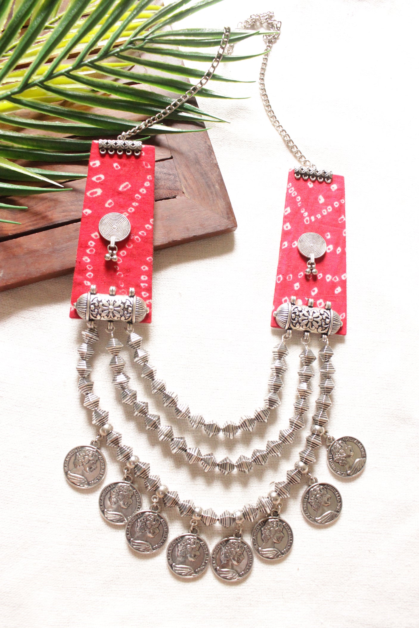 Red Tie and Dye Fabric 3 Layer Metal Necklace with Stamped Metal Coins