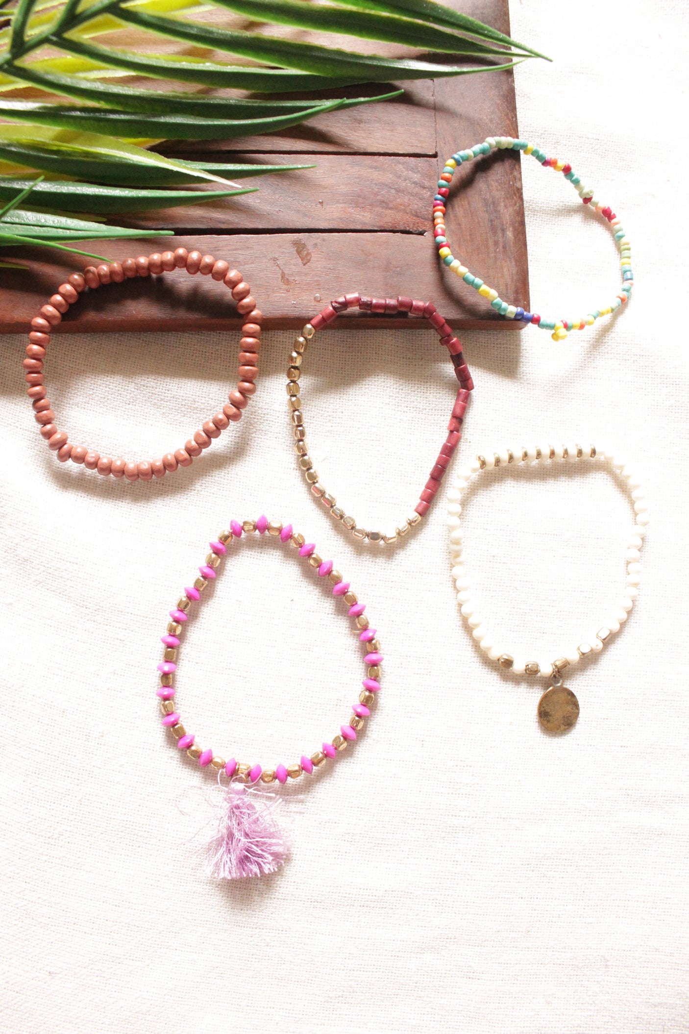 Set of 5 Multi-Color Acrylic Beads, Fabric Threads and Metal Charms Bracelets