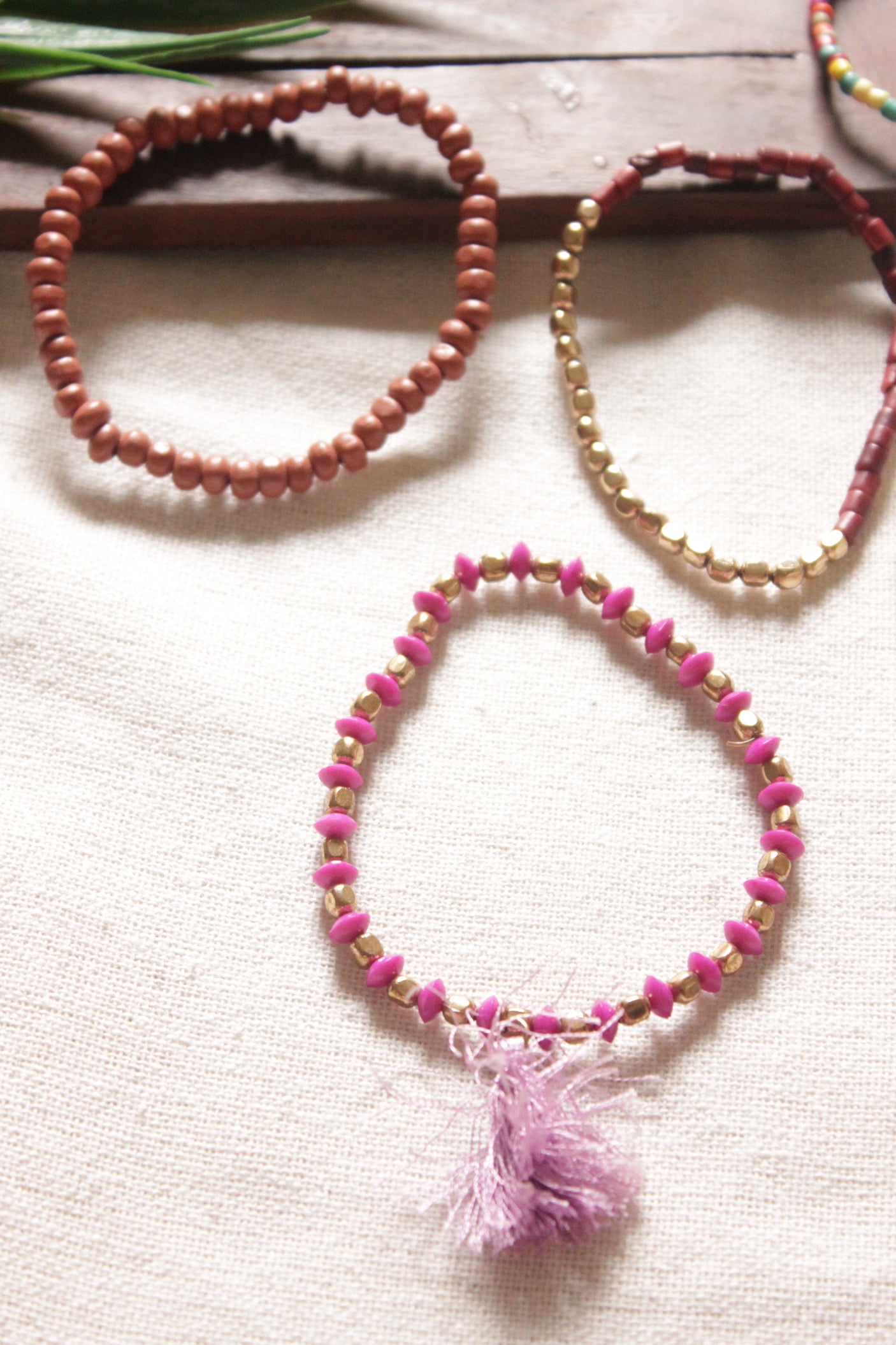 Set of 5 Multi-Color Acrylic Beads, Fabric Threads and Metal Charms Bracelets