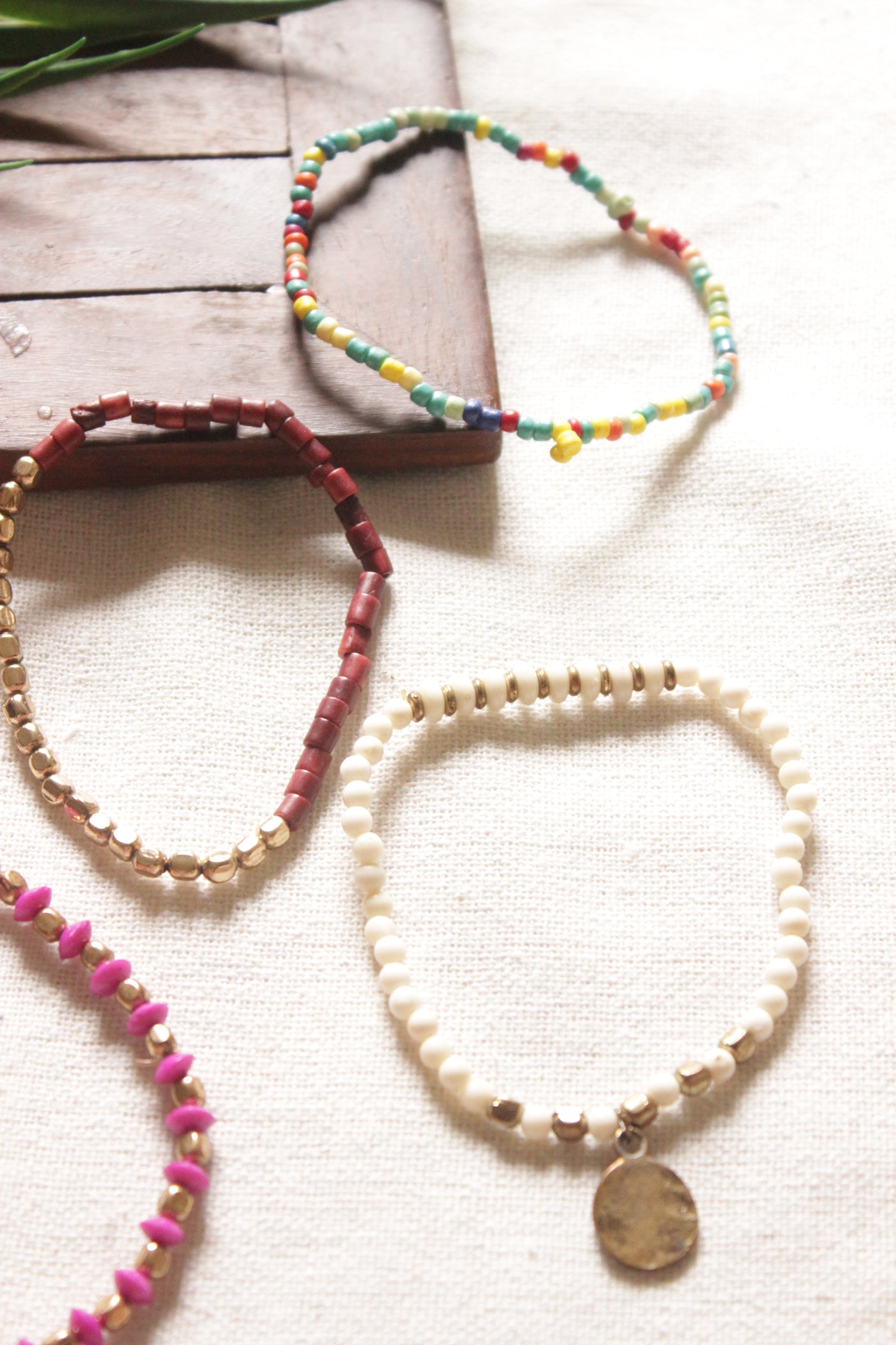 Set of 5 Multi-Color Acrylic Beads, Fabric Threads and Metal Charms Bracelets