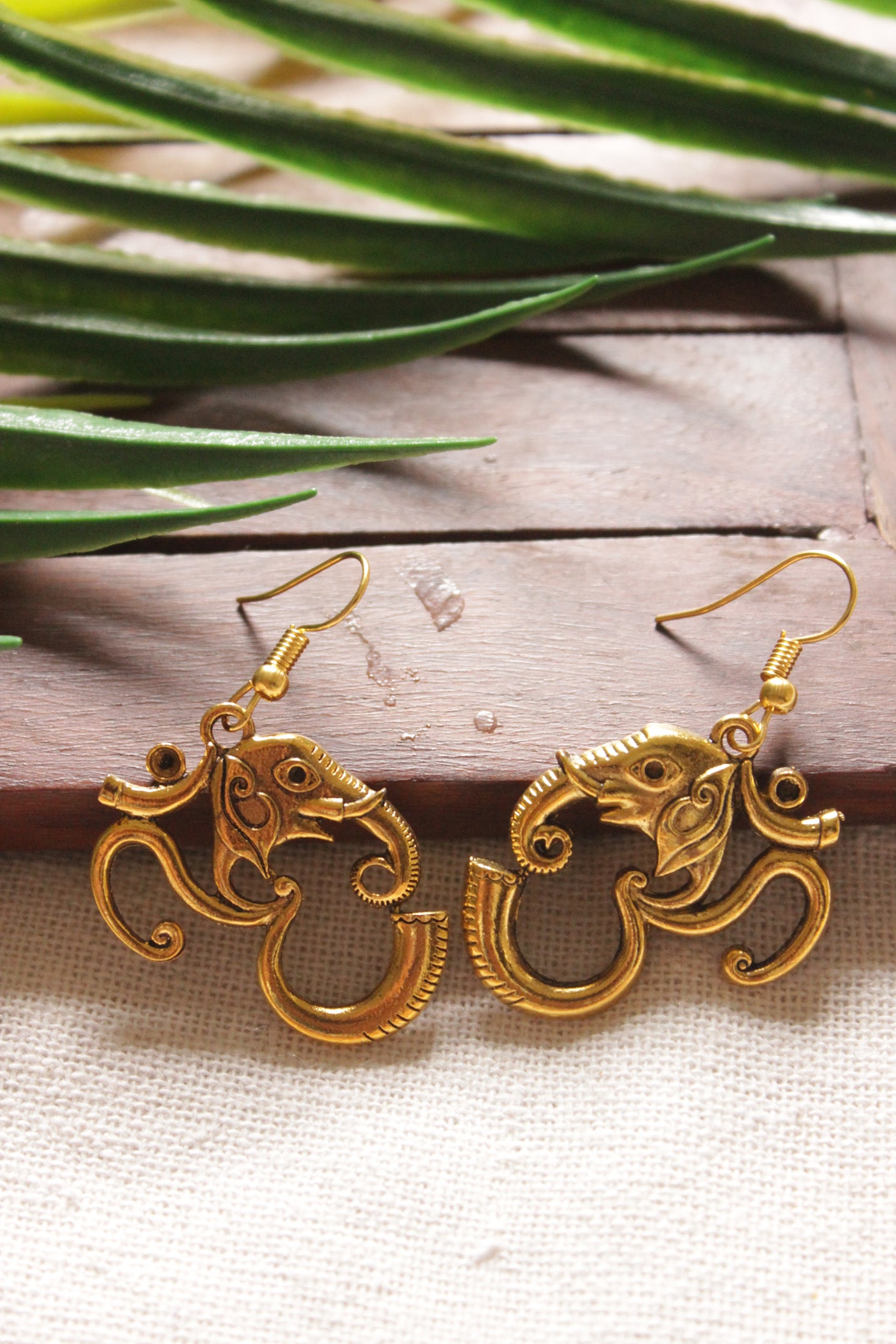 Elephant Motif Antique Gold Finish Metal Earrings