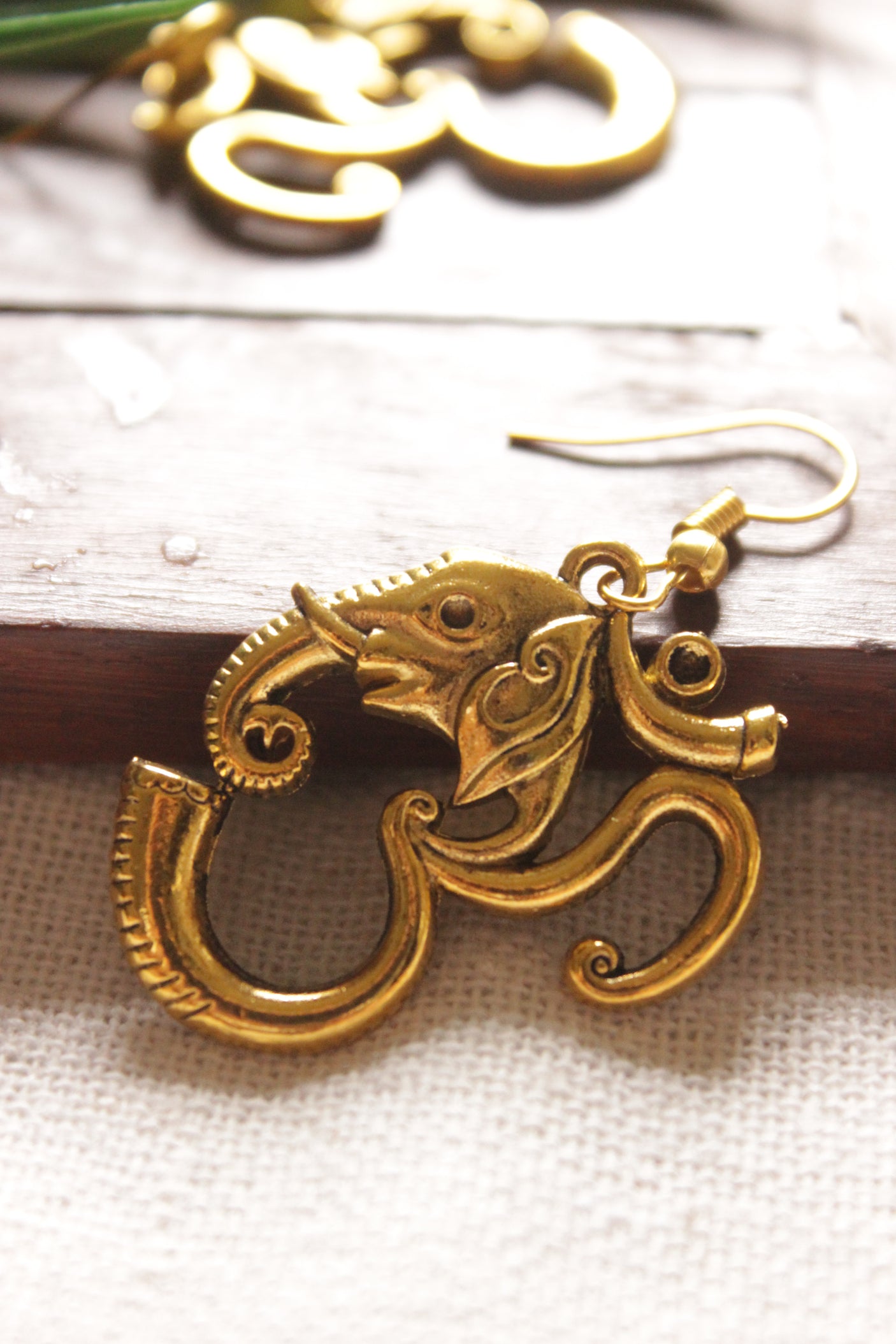 Elephant Motif Antique Gold Finish Metal Earrings