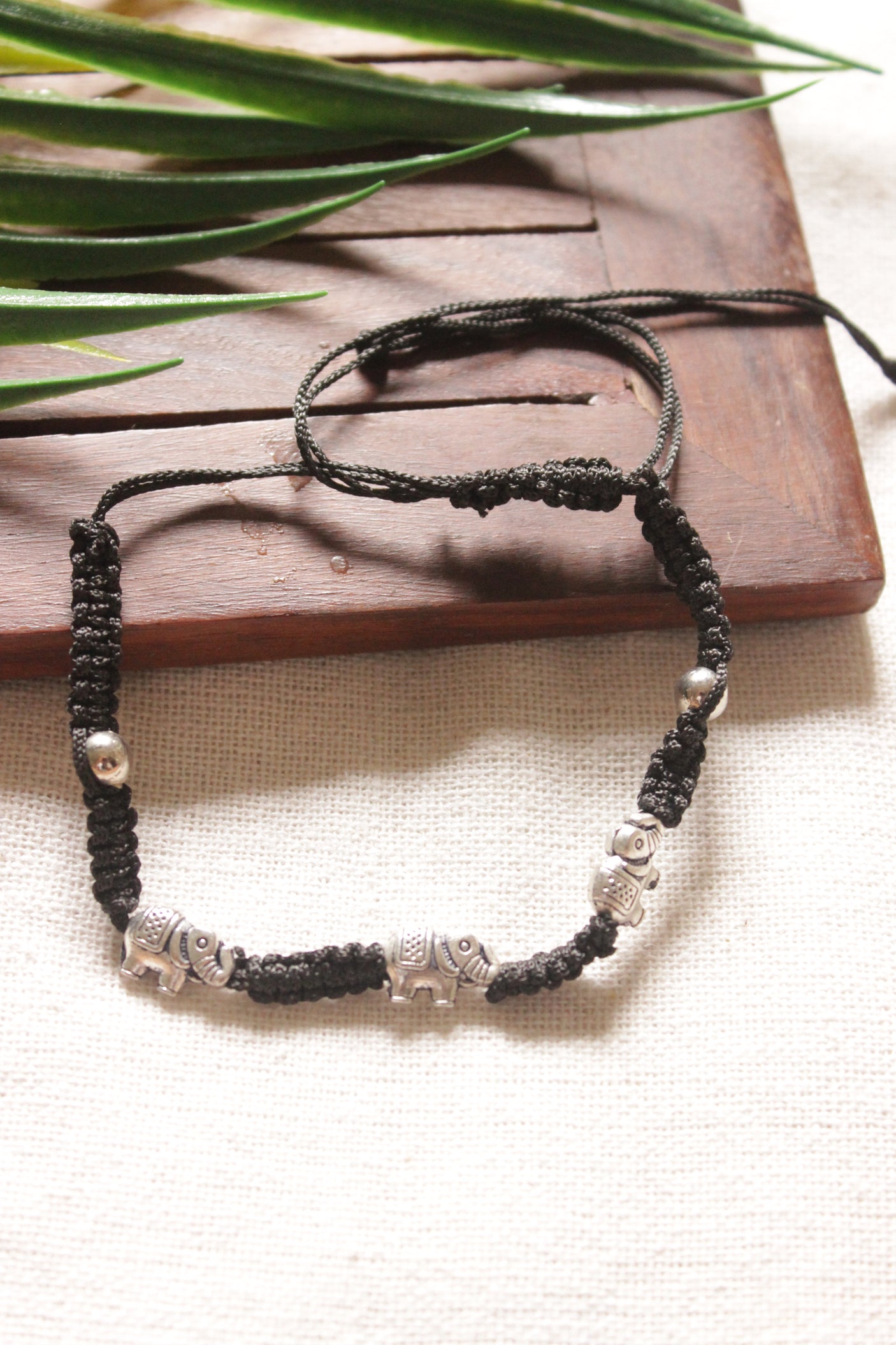 Elephant Charms Braided in Black Threads Anklet - Single