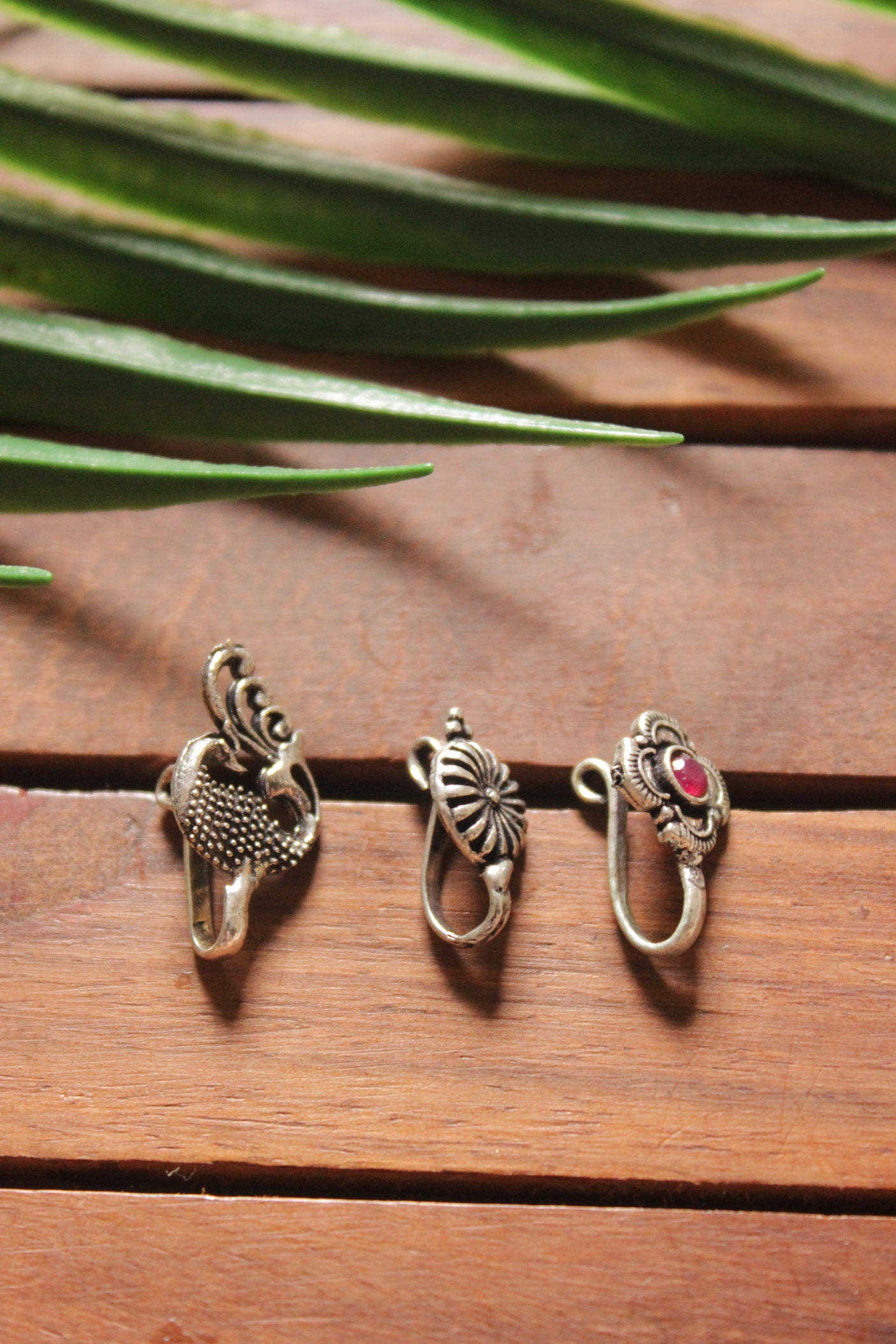 Set of 3 Oxidised Finish Flower & Peacock Motifs Clip On Nosepins