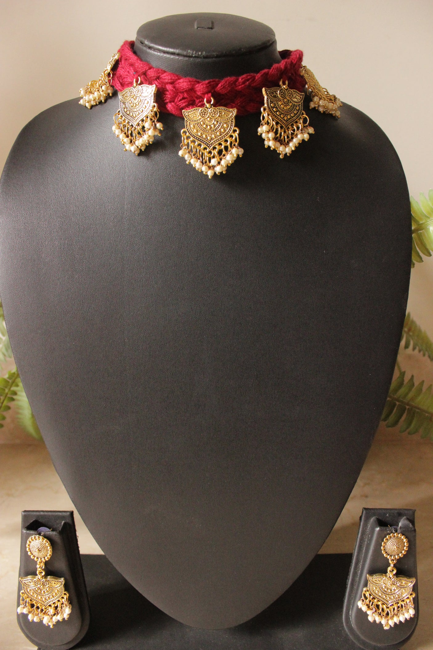 Antique Gold Finish Metal Charms Braided in Red Fabric Threads Handmade Necklace Set