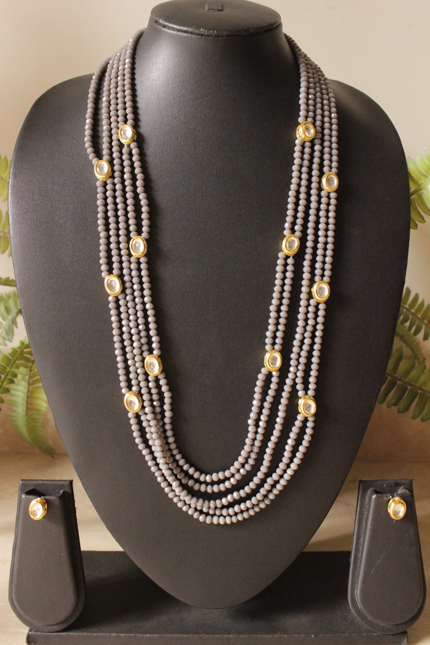 5 Layered Grey Crystal Beads Necklace Set Embellished with Kundan Stones