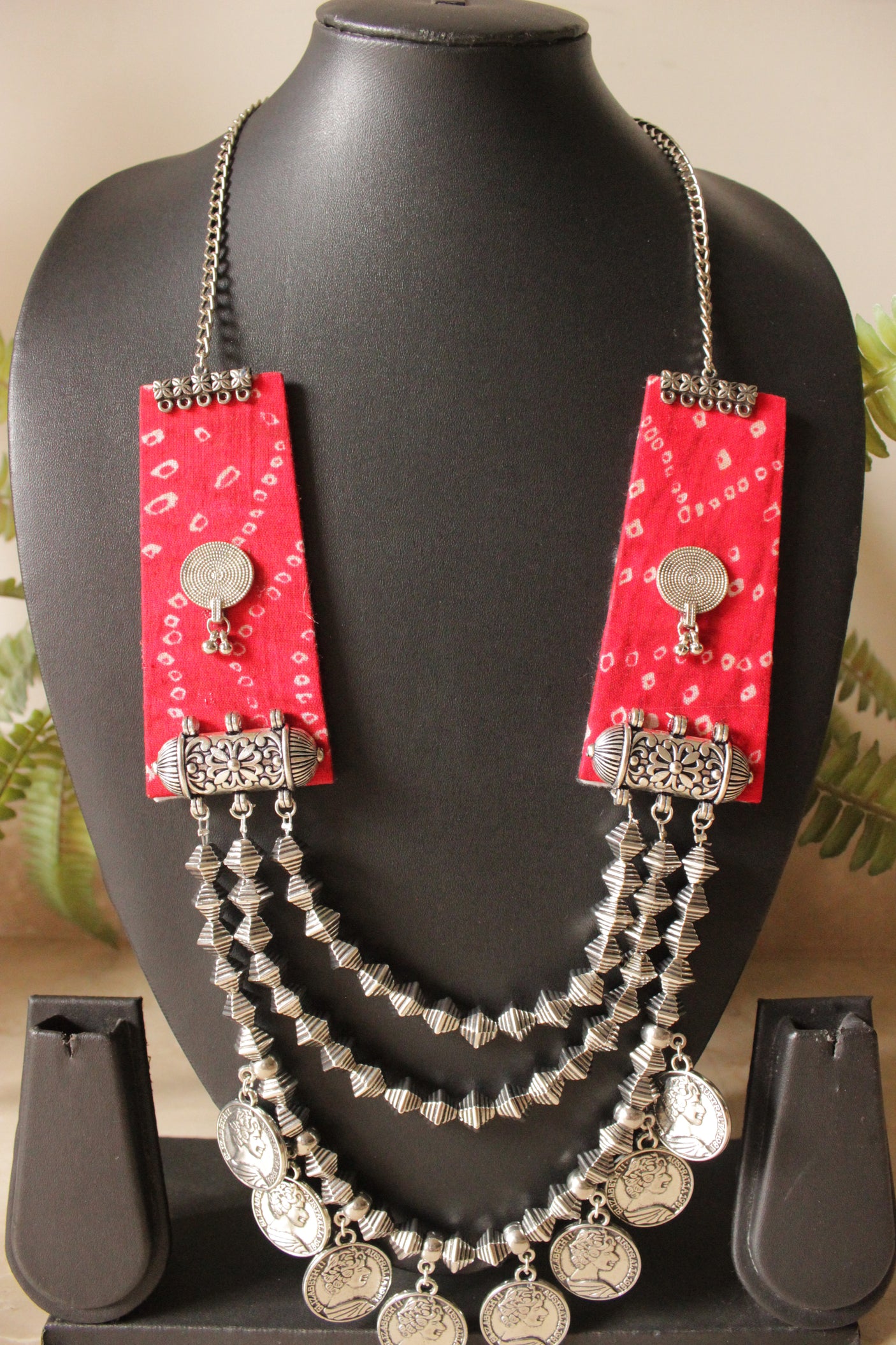 Red Tie and Dye Fabric 3 Layer Metal Necklace with Stamped Metal Coins