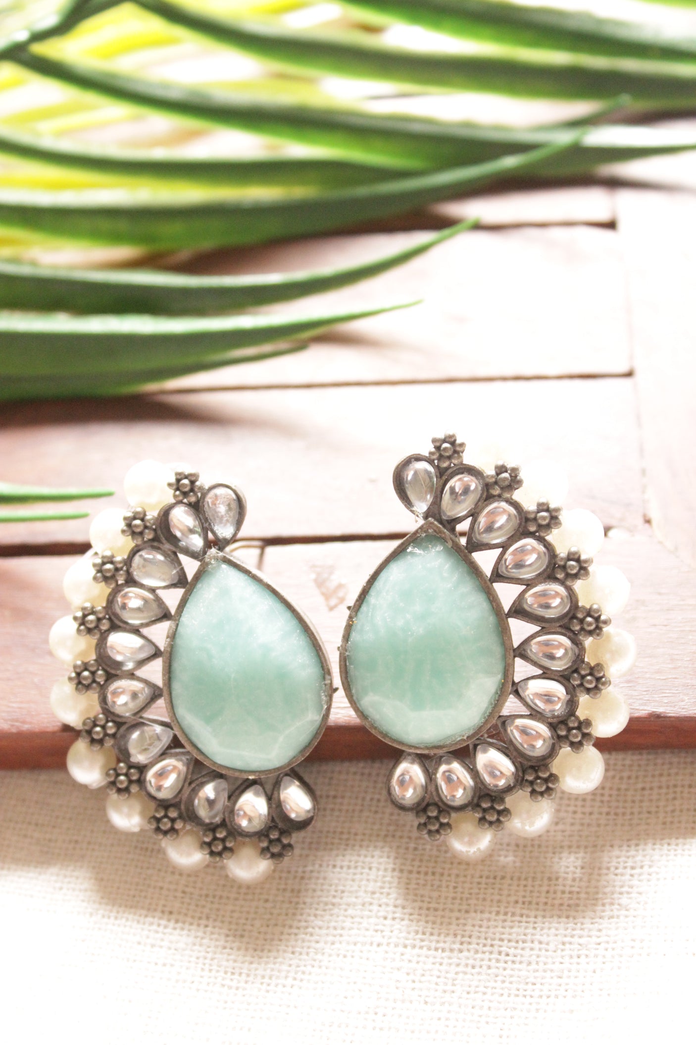 Turquoise Tear Drop Center Stone Stud Earrings with Glass Stones and Pearl Beads