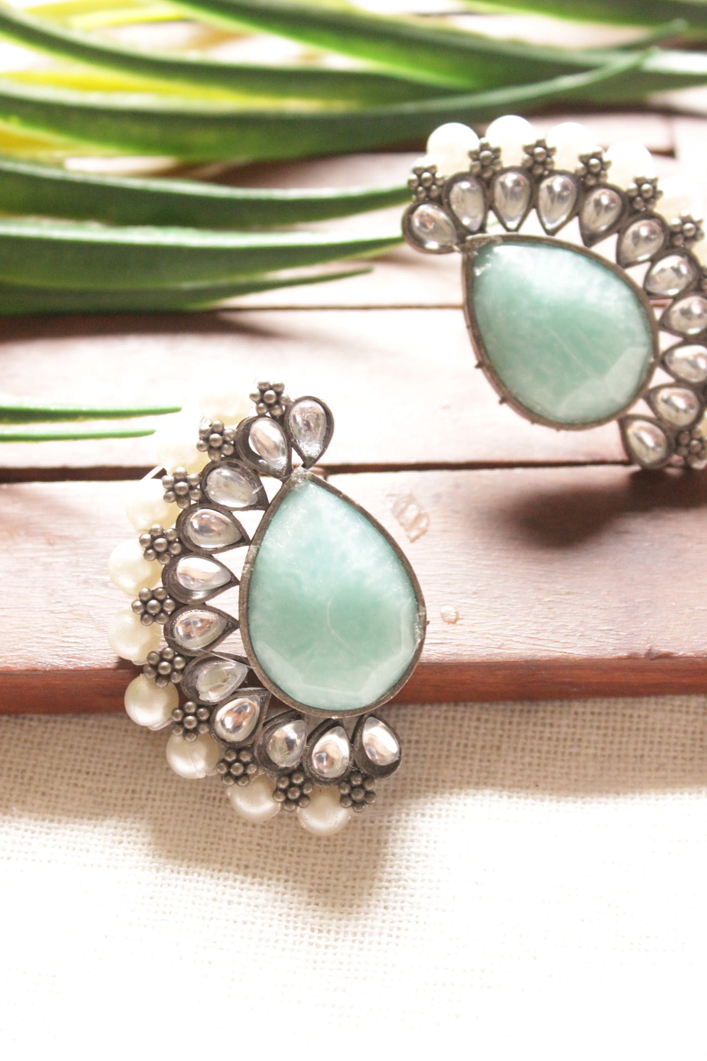 Turquoise Tear Drop Center Stone Stud Earrings with Glass Stones and Pearl Beads