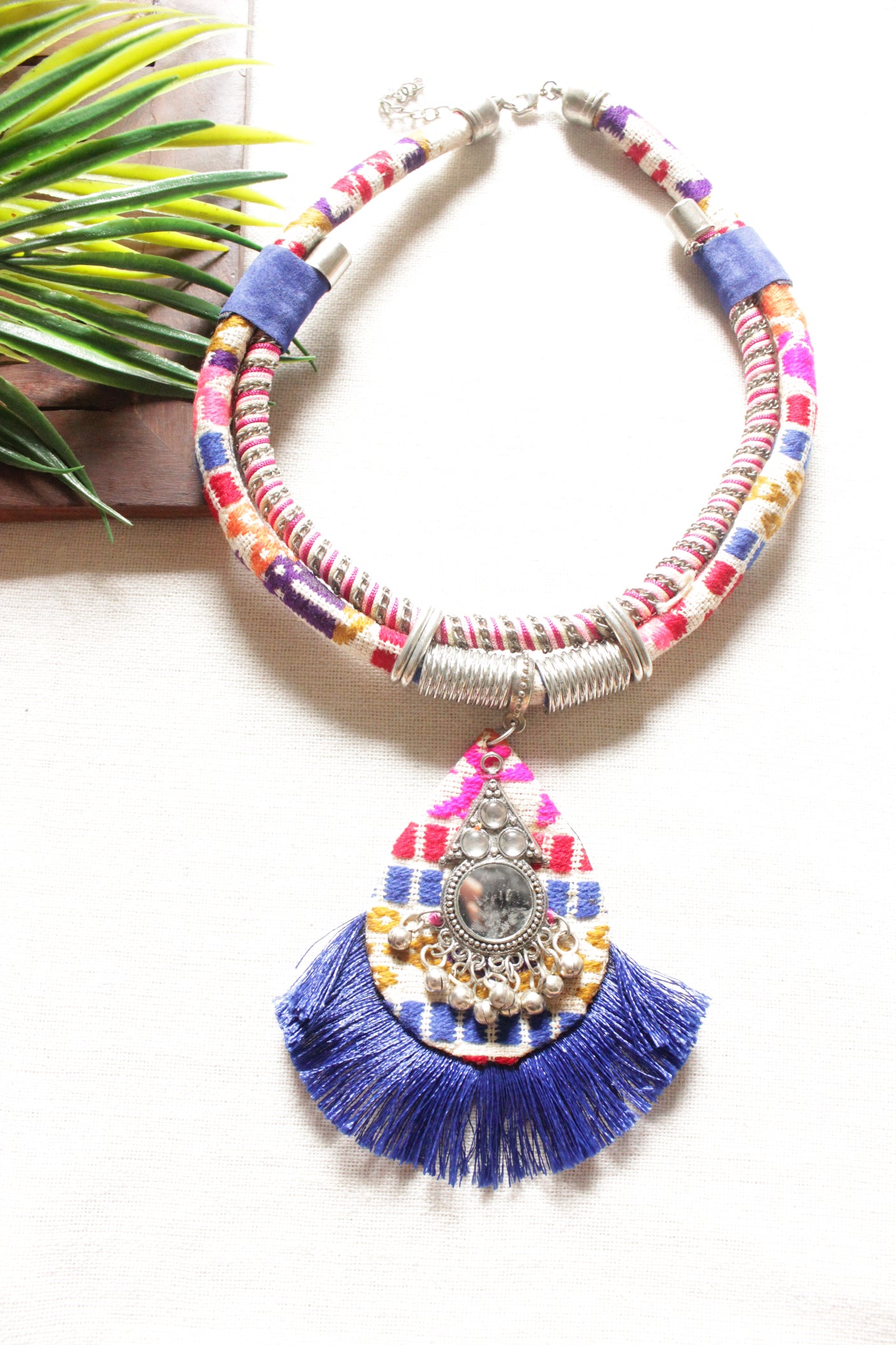 Multi-Color Fabric Threads Embroidered Necklace Embellished with Mirrors and Metal Beads