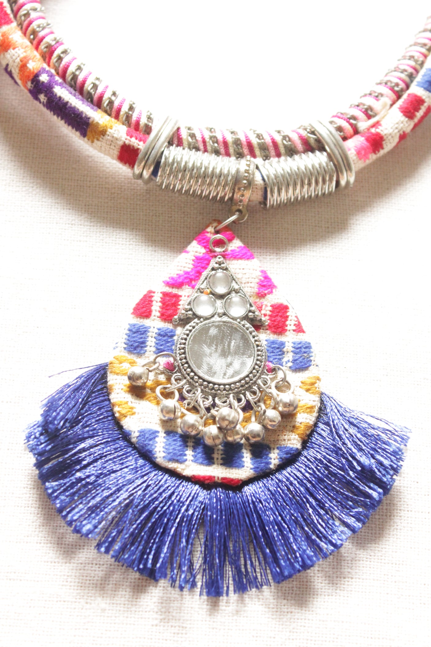 Multi-Color Fabric Threads Embroidered Necklace Embellished with Mirrors and Metal Beads