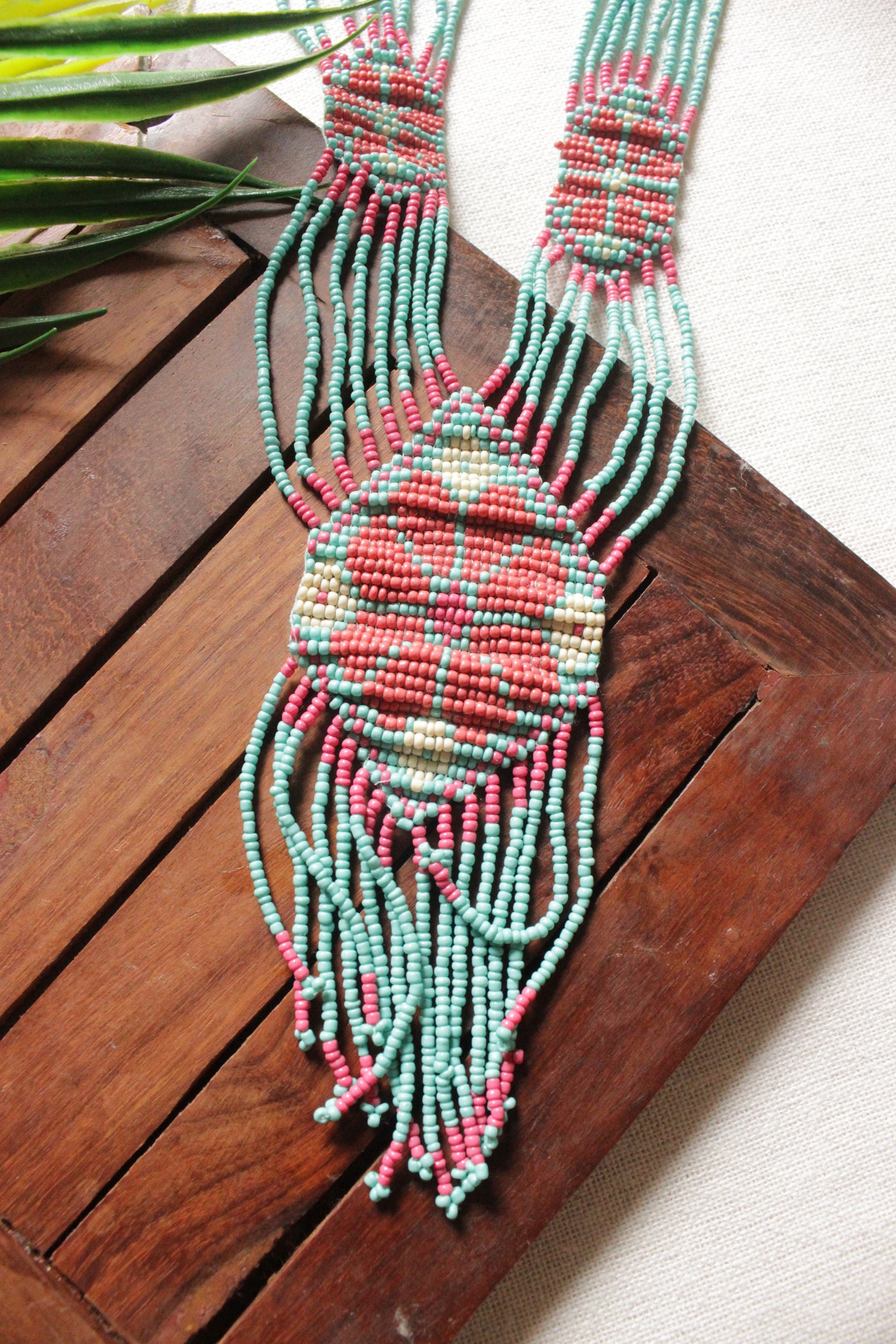 Turquoise and Red Beads Hand Braided Long Beaded Necklace