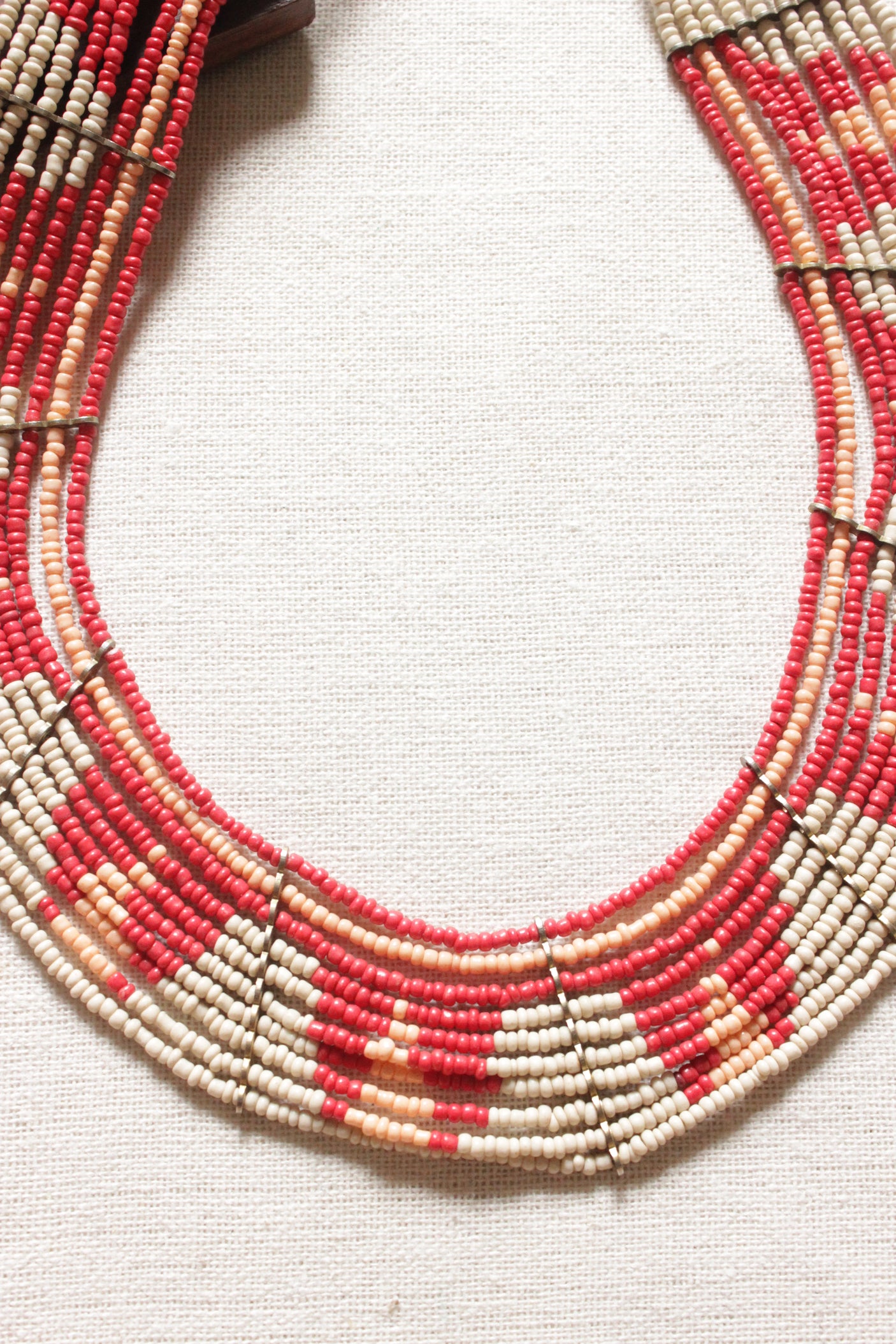 Beige and Red Beads Hand Braided Beaded Necklace