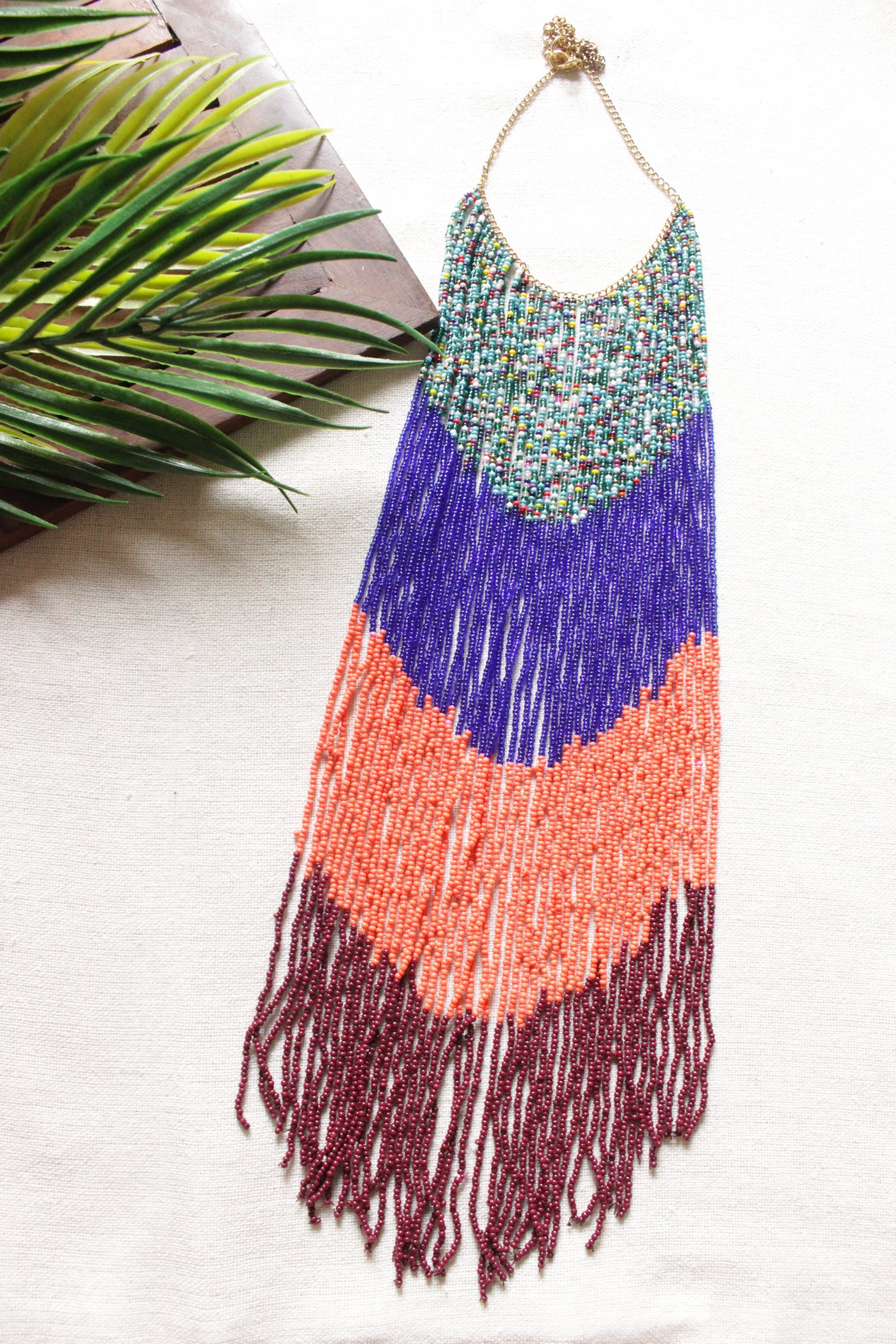 Multi-Color Long Bead Chains Hand Braided Long Tribal Choker Necklace