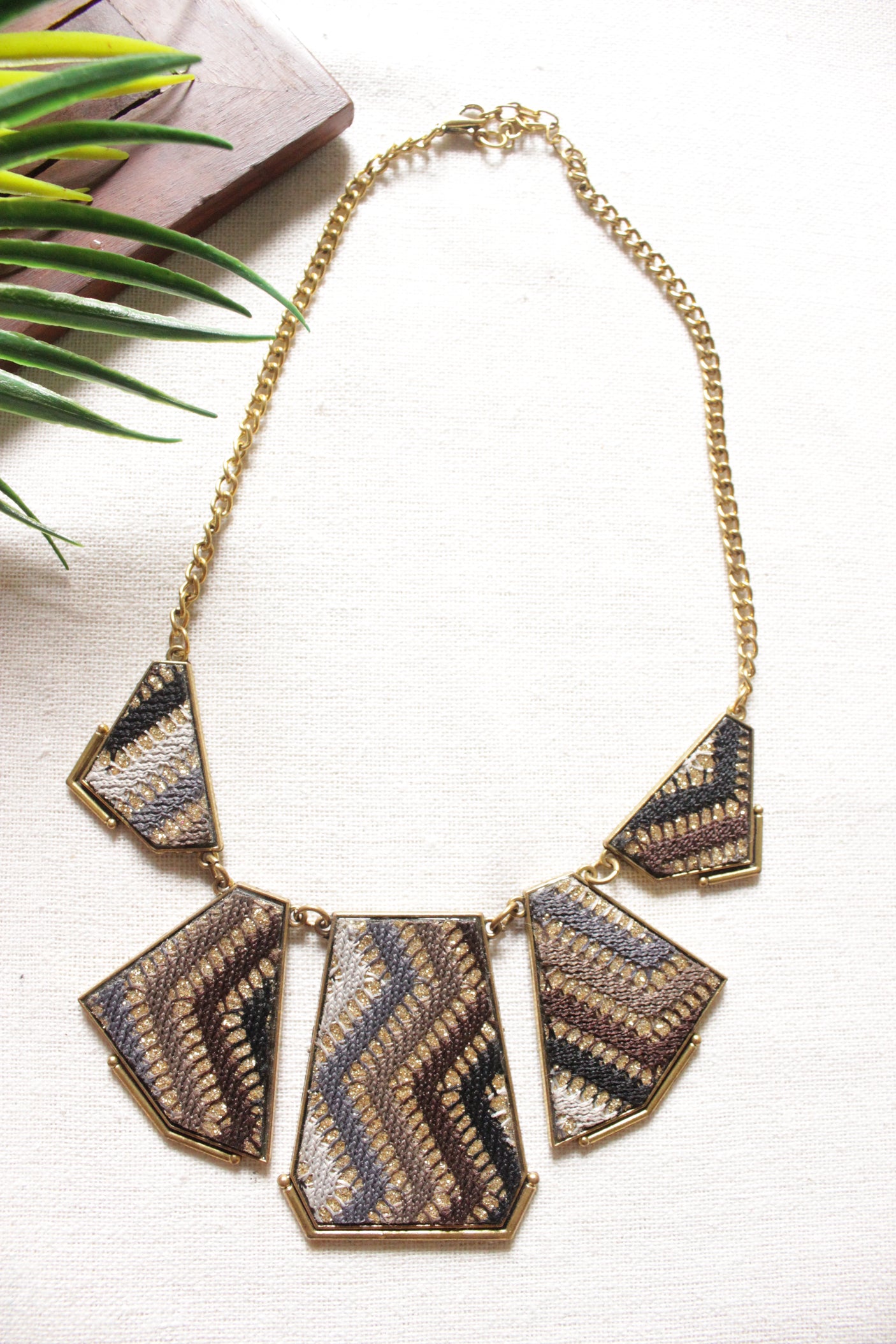 Hand Embroidered Cross-Stitch Gold Toned Necklace