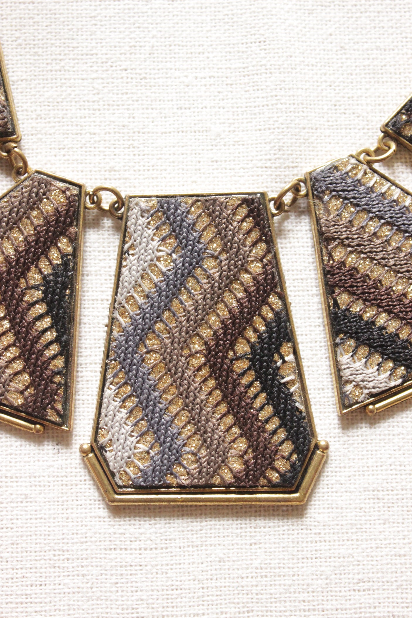 Hand Embroidered Cross-Stitch Gold Toned Necklace