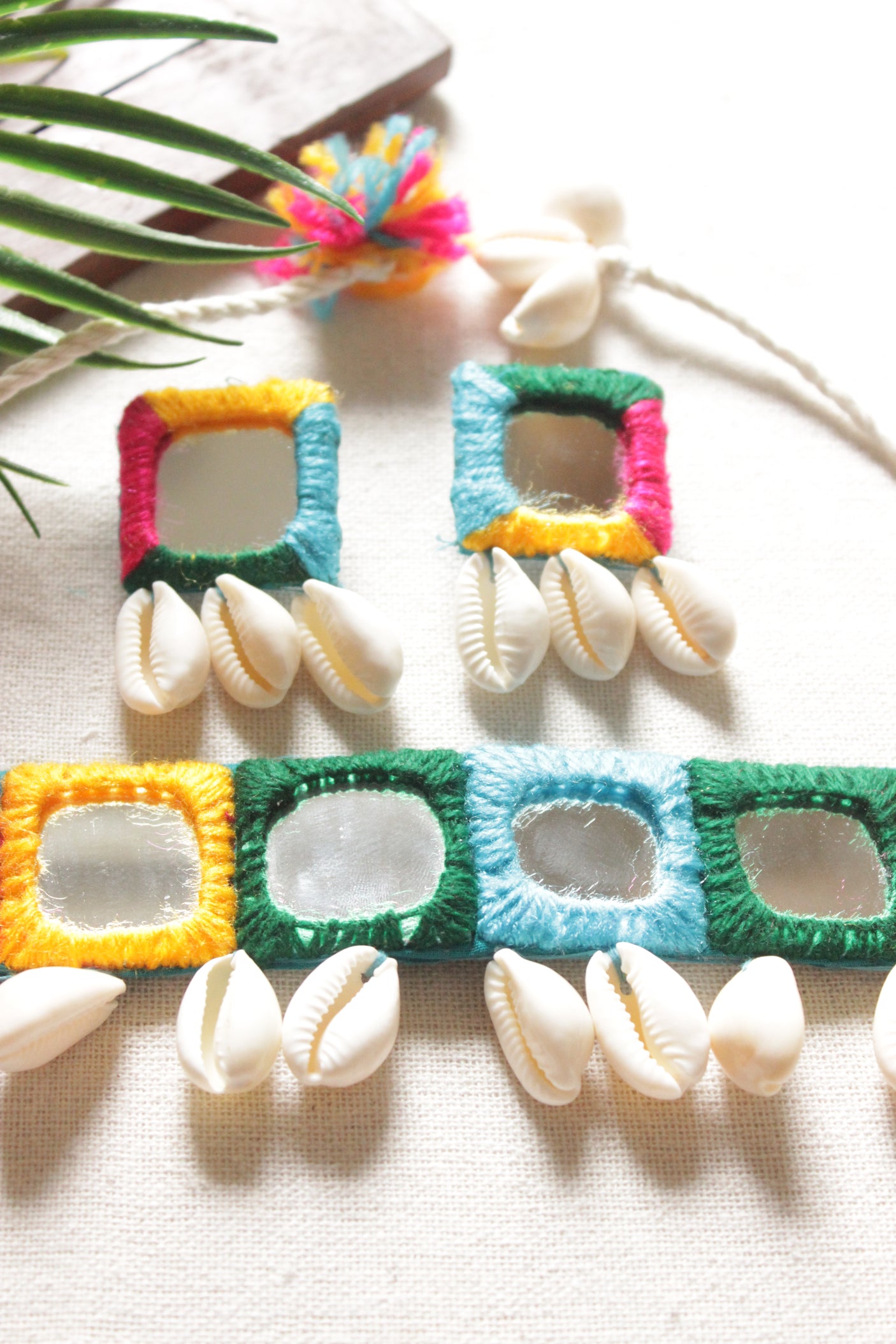 Multi-Color Hand Embroidered Mirrors and Shell Work Choker Necklace Set