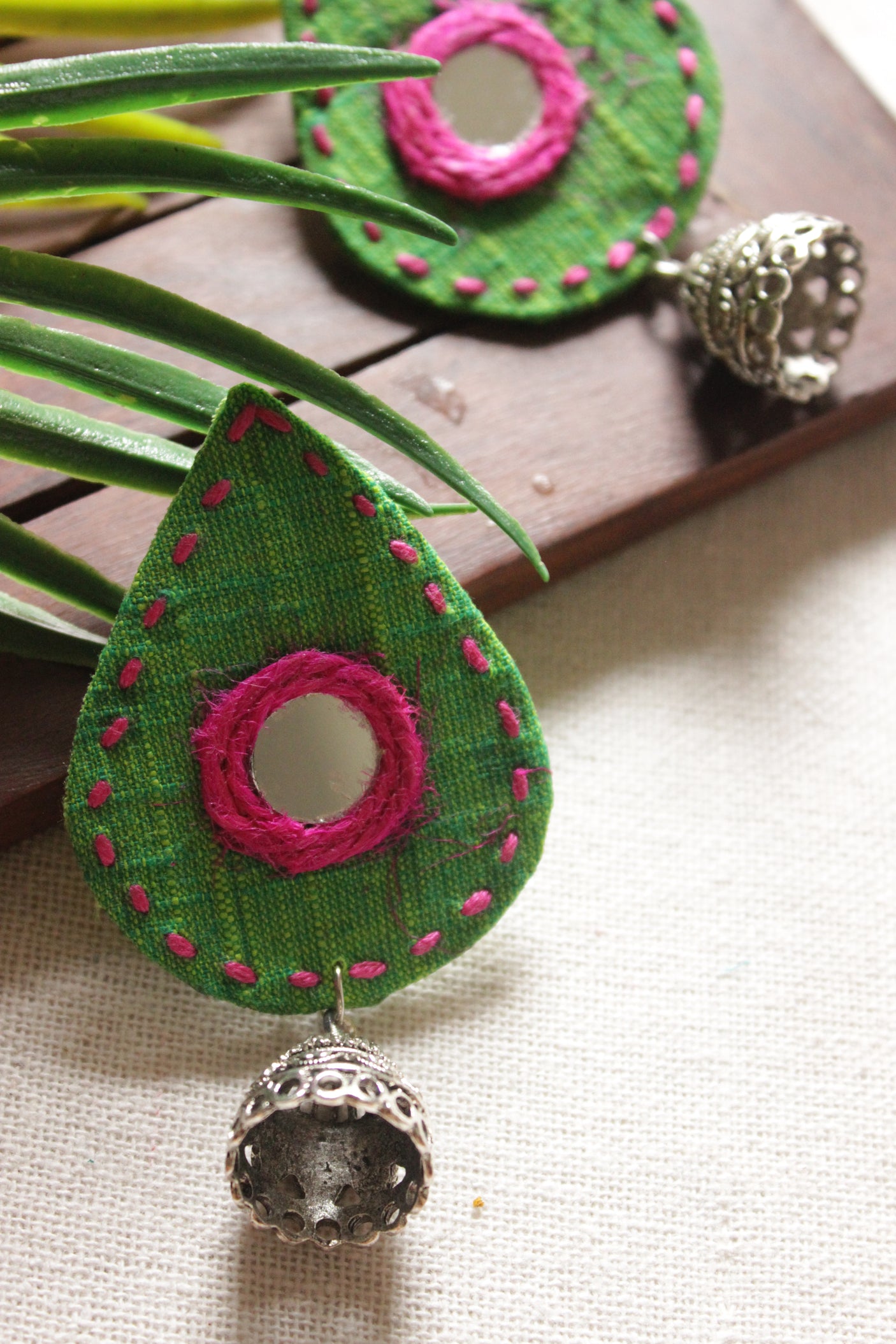 Parrot Green and Pink Hand Embroidered Jhumka Earrings