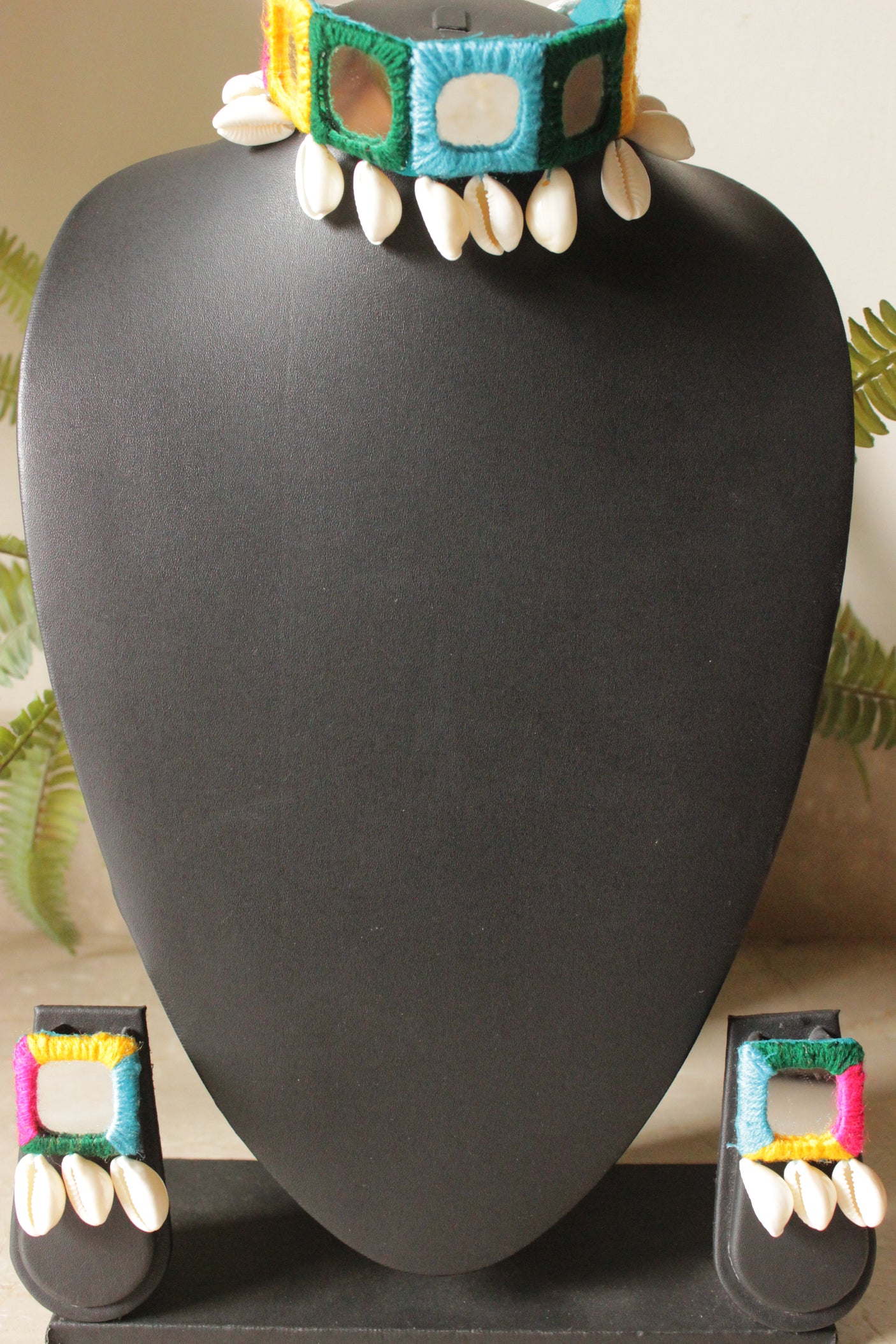 Multi-Color Hand Embroidered Mirrors and Shell Work Choker Necklace Set