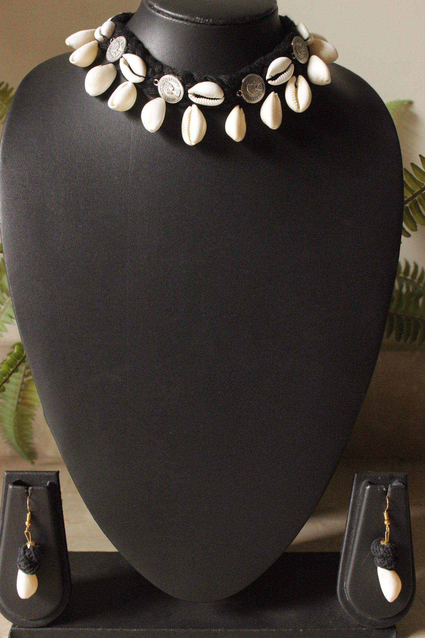 Black Braided Fabric Threads Choker Necklace Set with Shells and Stamped Coins