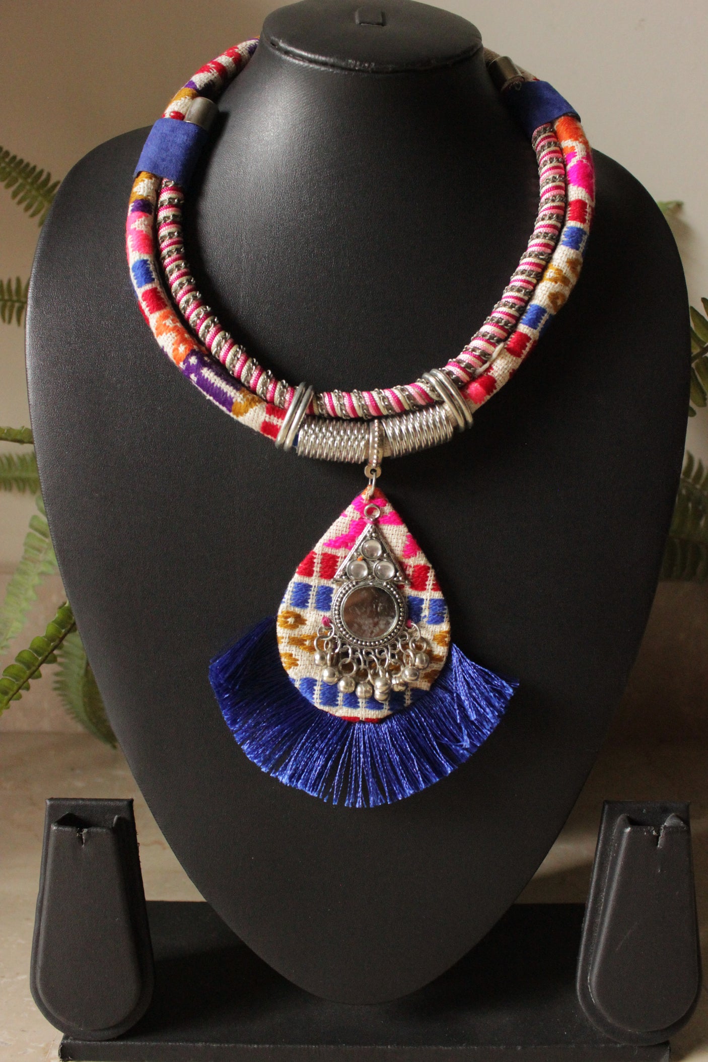 Multi-Color Fabric Threads Embroidered Necklace Embellished with Mirrors and Metal Beads