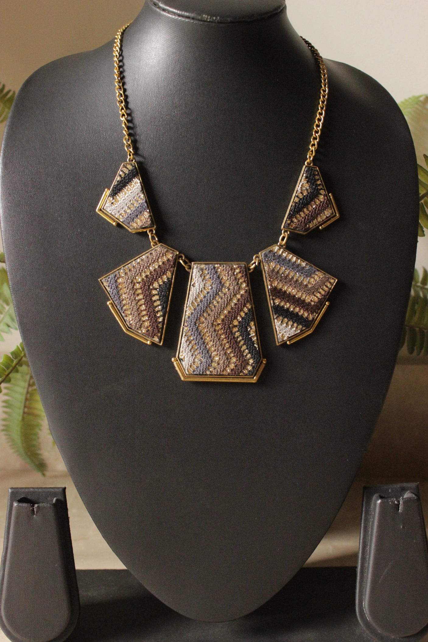 Hand Embroidered Cross-Stitch Gold Toned Necklace