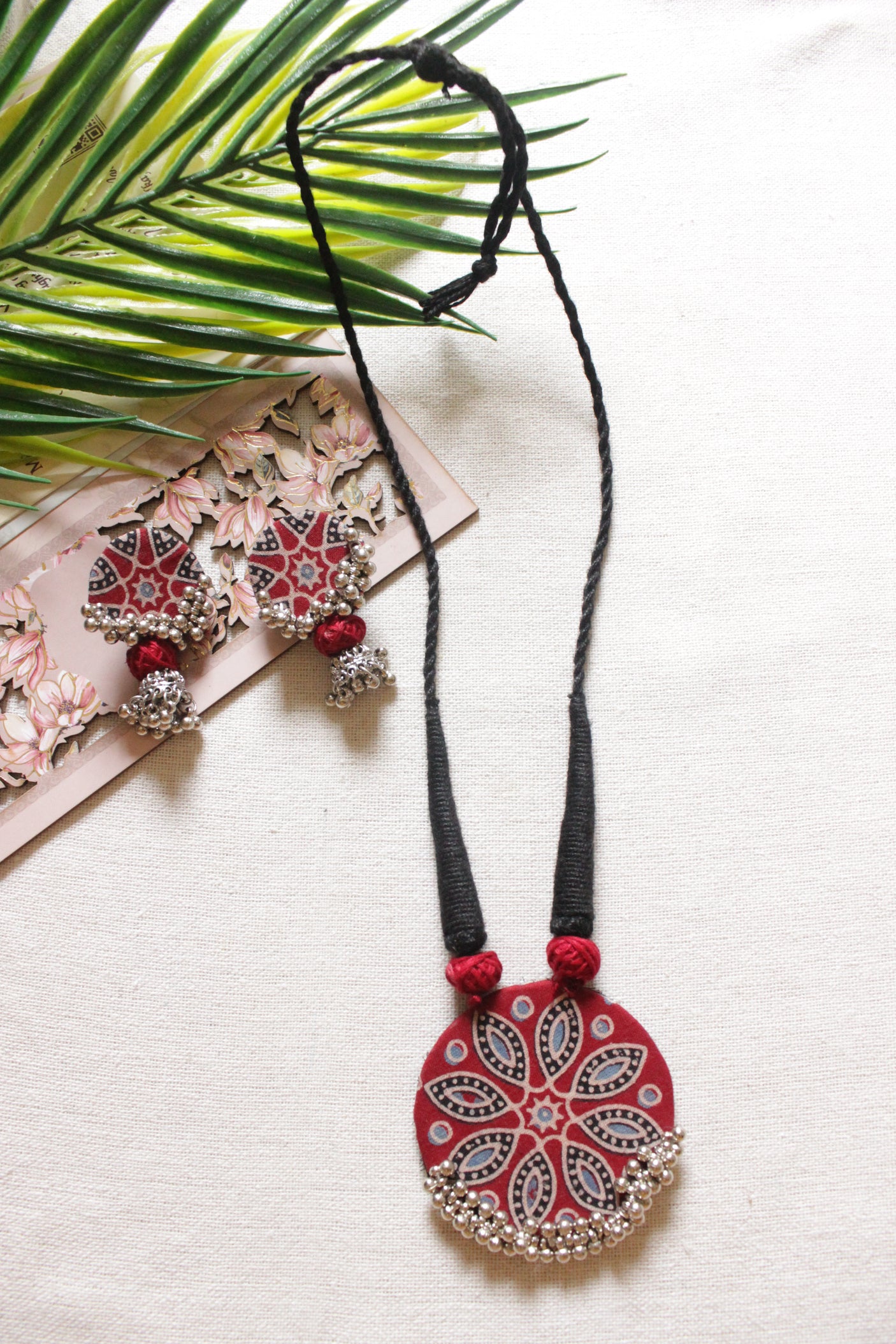Block Printed Red Fabric Adjustable Thread Closure Necklace Set with Jhumka Earrings